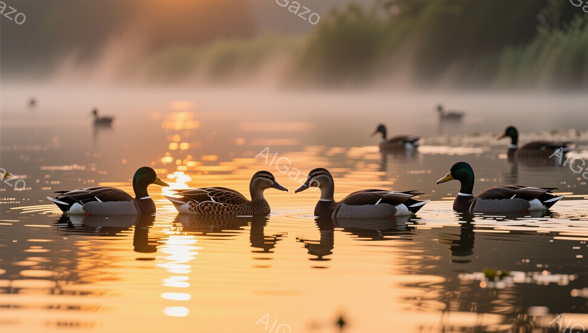 穏やかな朝の湖にアヒルたちが浮かんでいます。太陽の光が水面に反射し、金色に輝く美しい光景です。水面にはアヒルの姿が映り込み、幻想的な雰囲気を醸し出しています。 - AI生成フリー素材