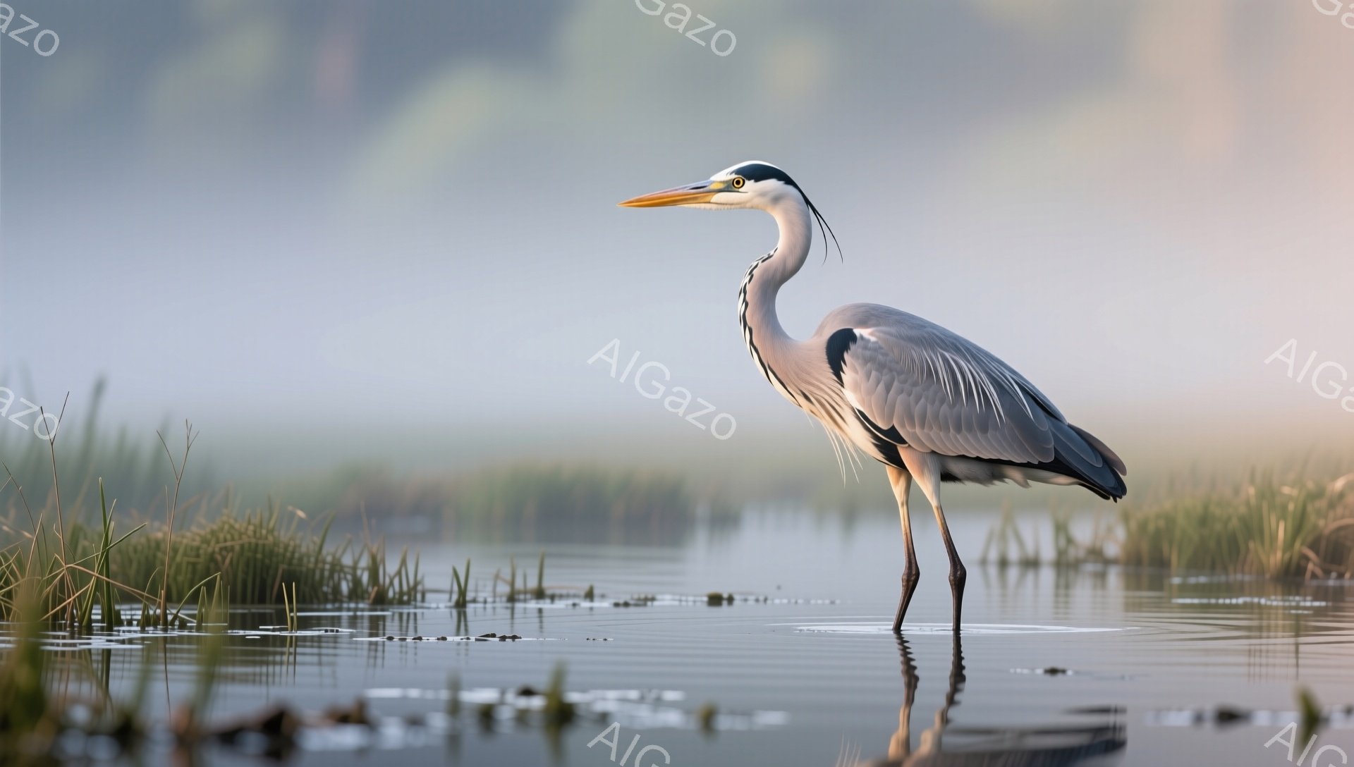 静かな水面を優雅に歩くサギが描かれている。朝霧が立ち込め、背景はぼんやりと霞んでおり、穏やかな雰囲気を醸し出している。水面に映る姿は、まるで別世界の生き物のように見える。