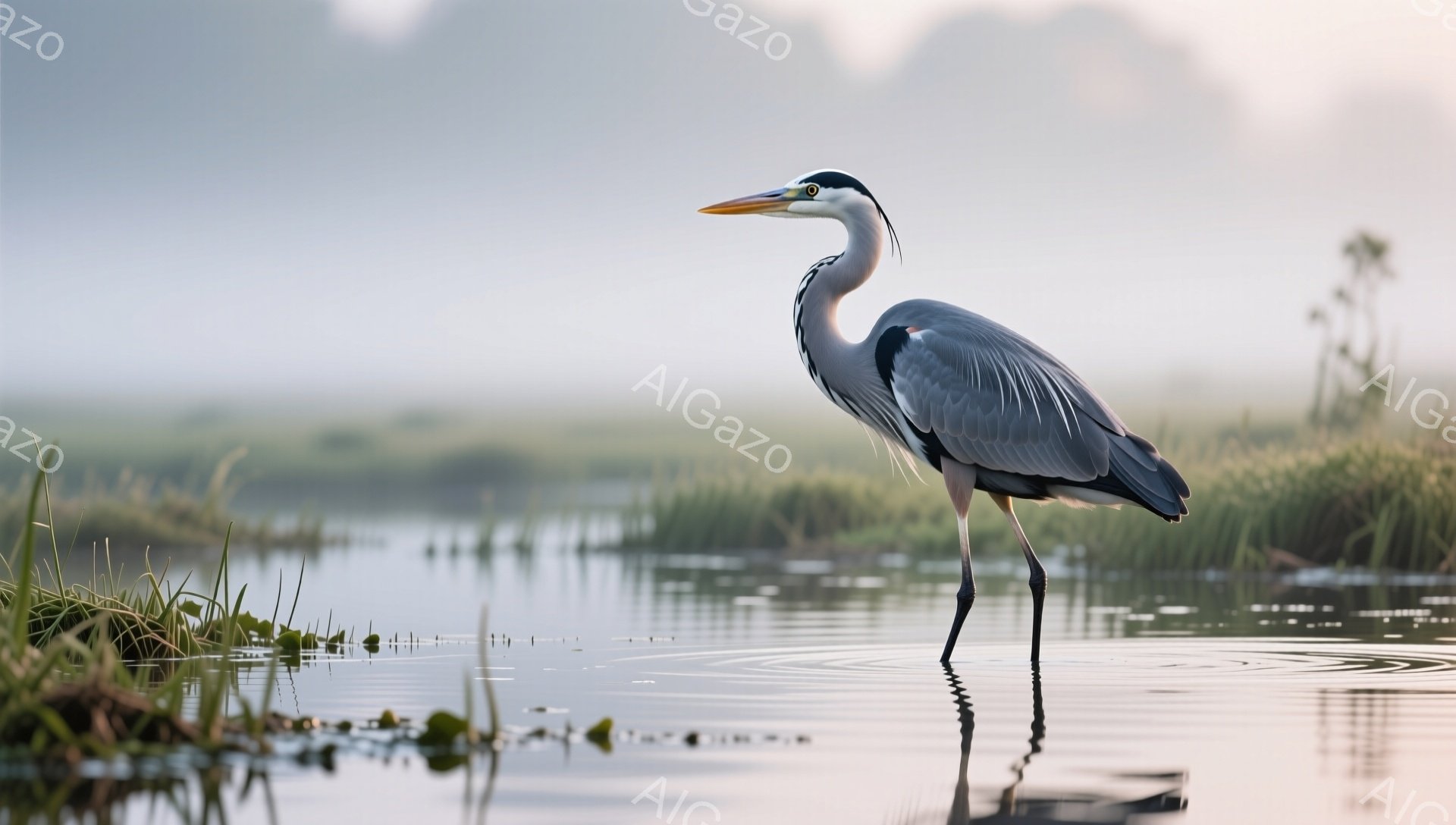 浅い水辺にササギが立っている。水面にはその姿が映り込み、周囲には霞んだ緑の植生が広がっている。穏やかで静寂な朝の光が、鳥の羽を照らしている。 - AI生成フリー素材