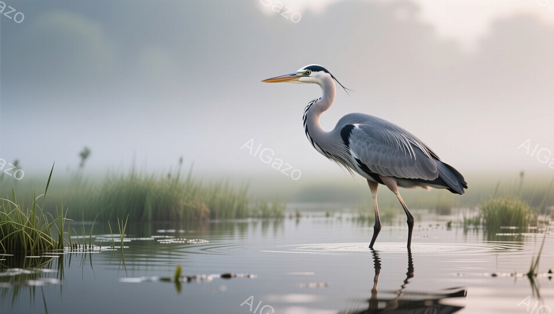 穏やかな水面を歩くササオロヨウドリが描かれています。朝霧が立ち込め、周囲の草木もぼんやりと霞んでおり、静寂な雰囲気を醸し出しています。鳥の鮮やかな色彩と水面の反射が美しいコントラストを生み出しています。