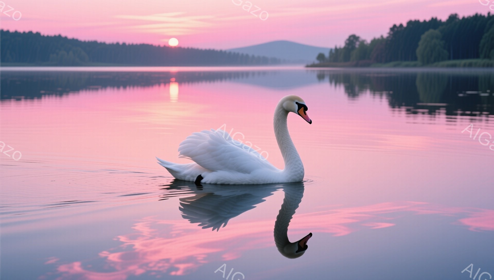 白鳥が穏やかな湖面を優雅に泳いでいる。夕焼け空と水面に反射する光が幻想的な雰囲気を醸し出し、静寂と安らぎを感じさせる。背景には緑豊かな山々が広がり、自然の美しさが際立っている。