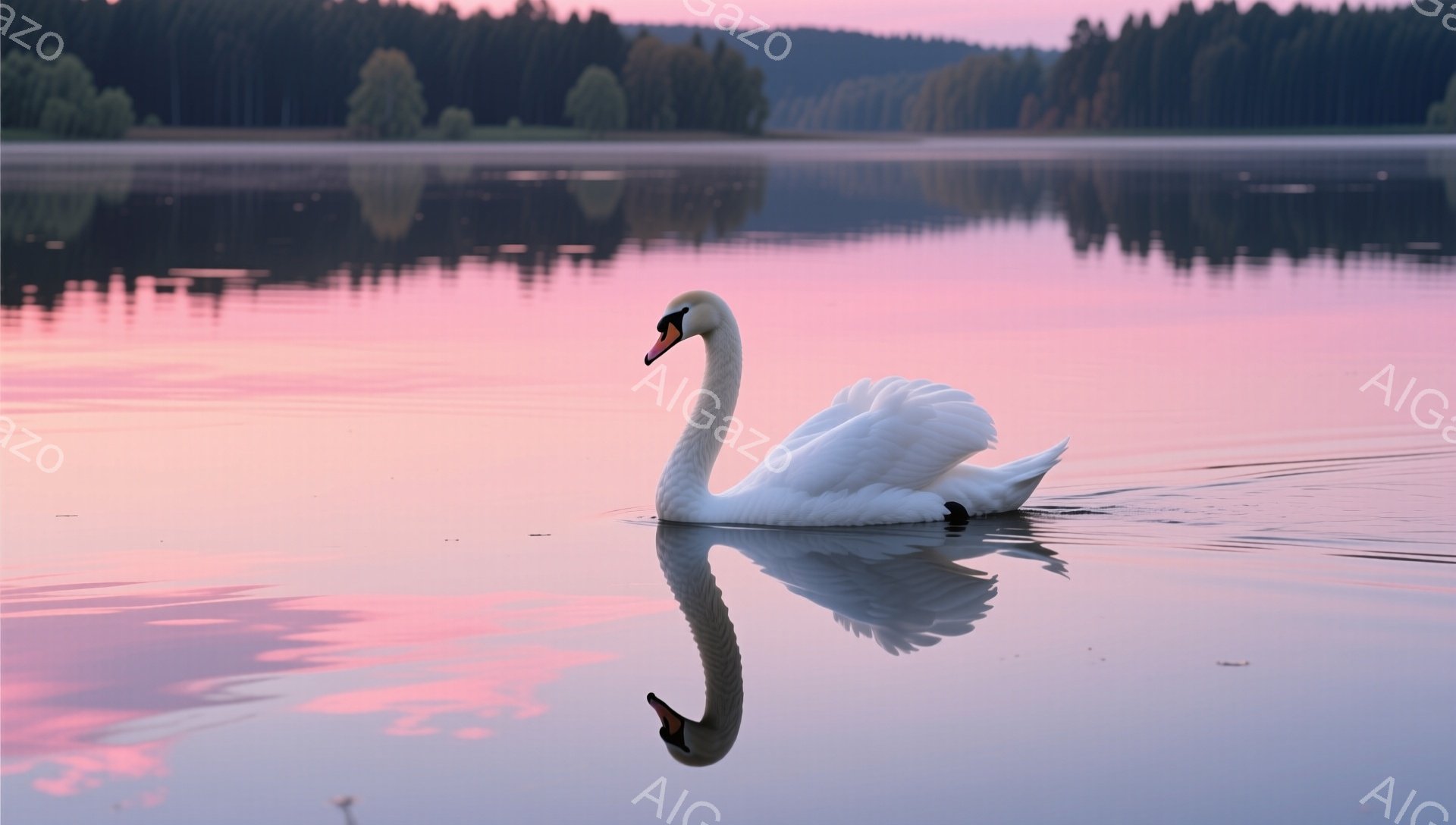 白鳥が穏やかな水面を優雅に泳いでいる。朝焼けのようなピンク色の空と水面の反射が美しく、静寂で平和な雰囲気が漂う。遠くには緑豊かな森林が見え、自然豊かな風景が広がる。