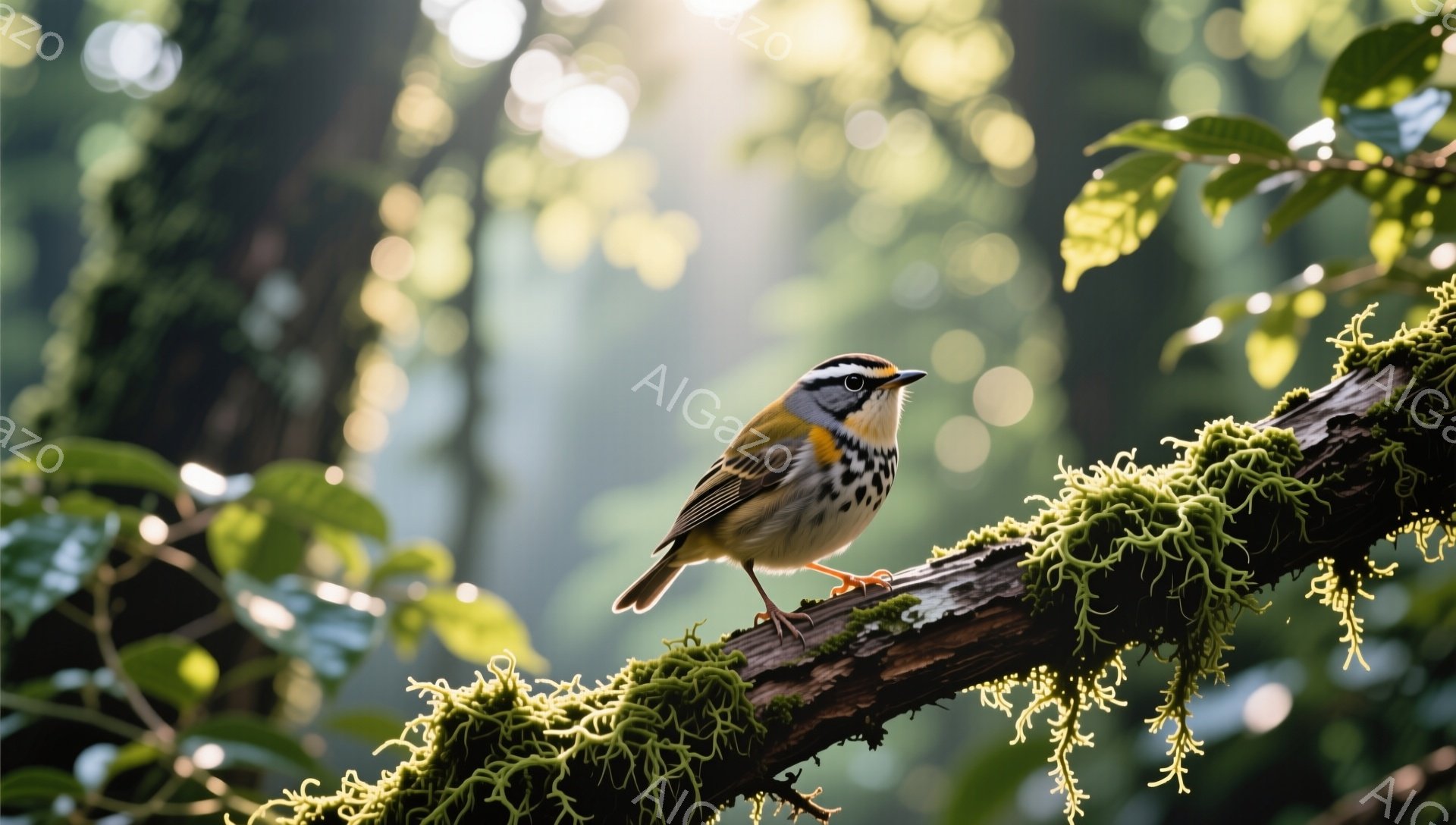 緑豊かな背景に、鮮やかな模様の鳥が枝にとまっている。鳥は右を向き、鋭い眼差しで何かを見つめているようだ。柔らかい光が差し込み、穏やかで自然な雰囲気を醸し出している。 - AI生成フリー素材