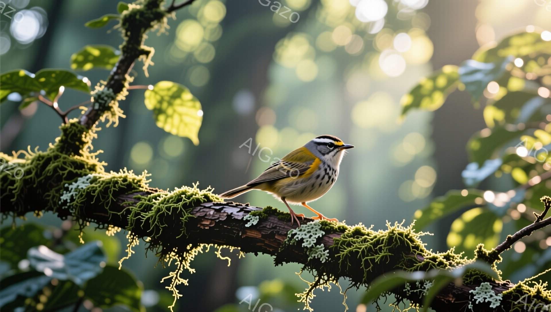 緑豊かな枝に、鮮やかな黄色の胸を持つ小鳥が止まっています。太陽の光が葉の間から差し込み、枝に生えた苔の緑と鳥の明るい色を際立たせています。背景は穏やかでぼやけており、鳥に焦点が当たっています。 - AI生成フリー素材