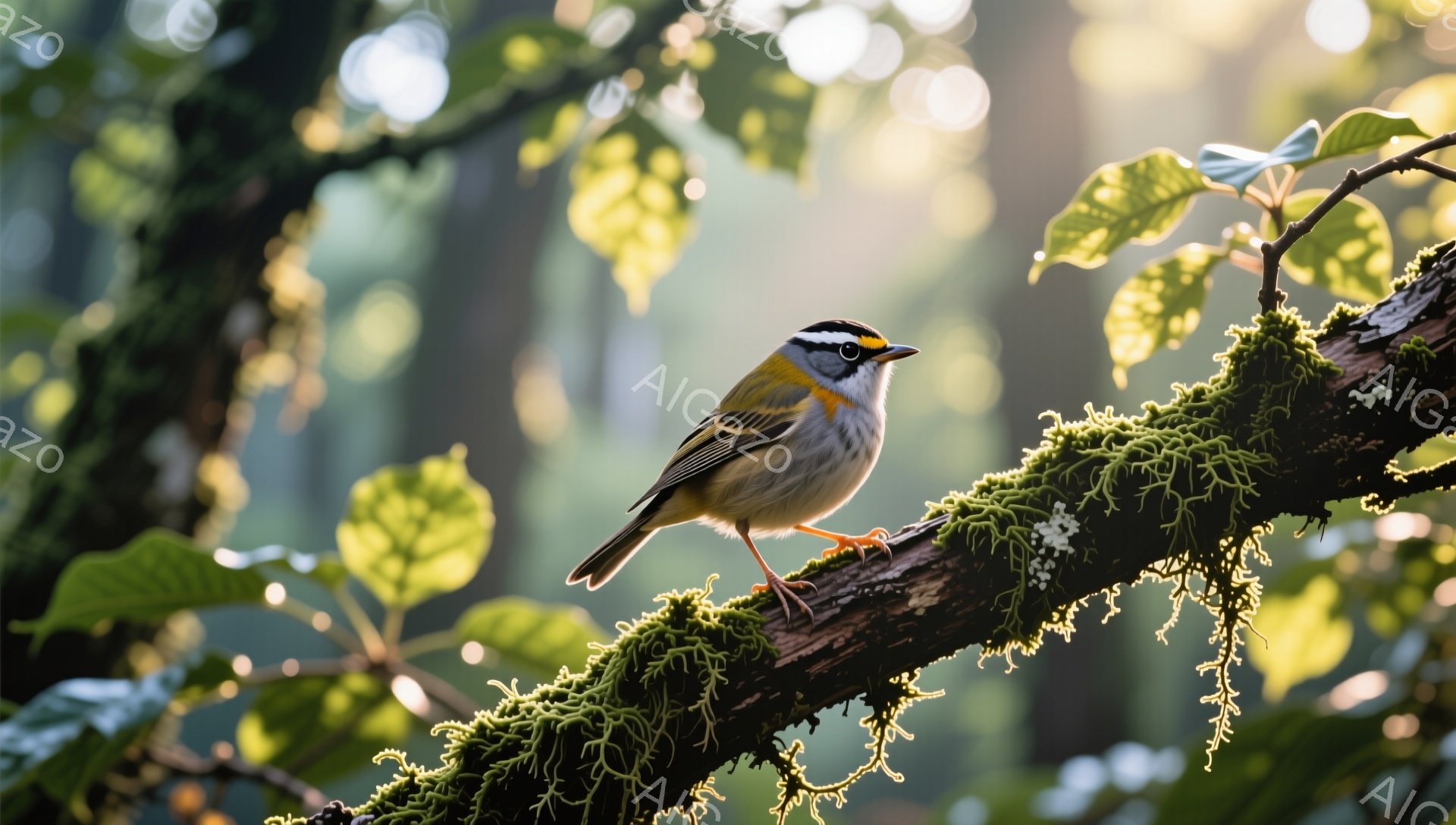 鮮やかな緑の苔が覆う枝に、小さな鳥がとまっている。鳥は黄色と灰色の毛並みで、背景は柔らかい光に包まれた緑豊かな風景だ。静かで穏やかな雰囲気が伝わってくる。 - AI生成フリー素材