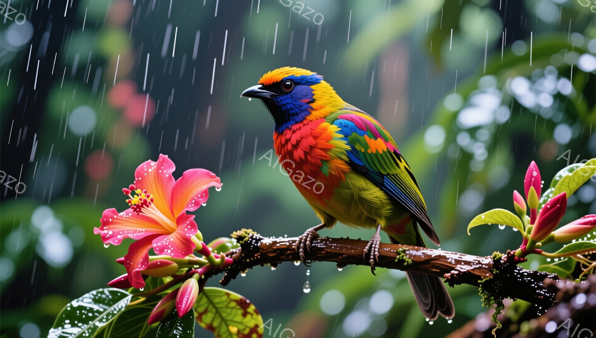 色鮮やかな鳥が、雨に濡れた枝にとまっている。周囲にはピンク色のハイビスカスの花が咲き、雨粒が葉や花弁に光っている。背景は緑豊かで、熱帯雨林のような雰囲気が漂う。