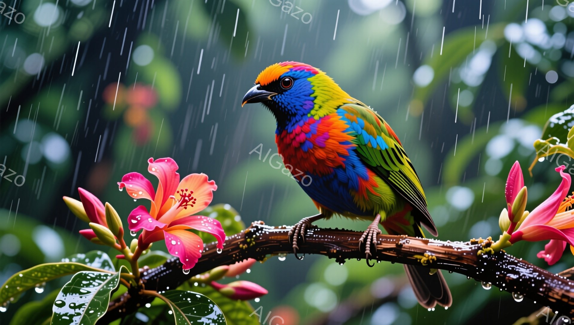 雨の中、鮮やかな色の鳥が枝にとまっています。周りにはピンク色の花が咲き乱れ、背景は緑豊かな植物で満たされています。雨粒が花や葉に輝き、自然の美しさを際立たせています。