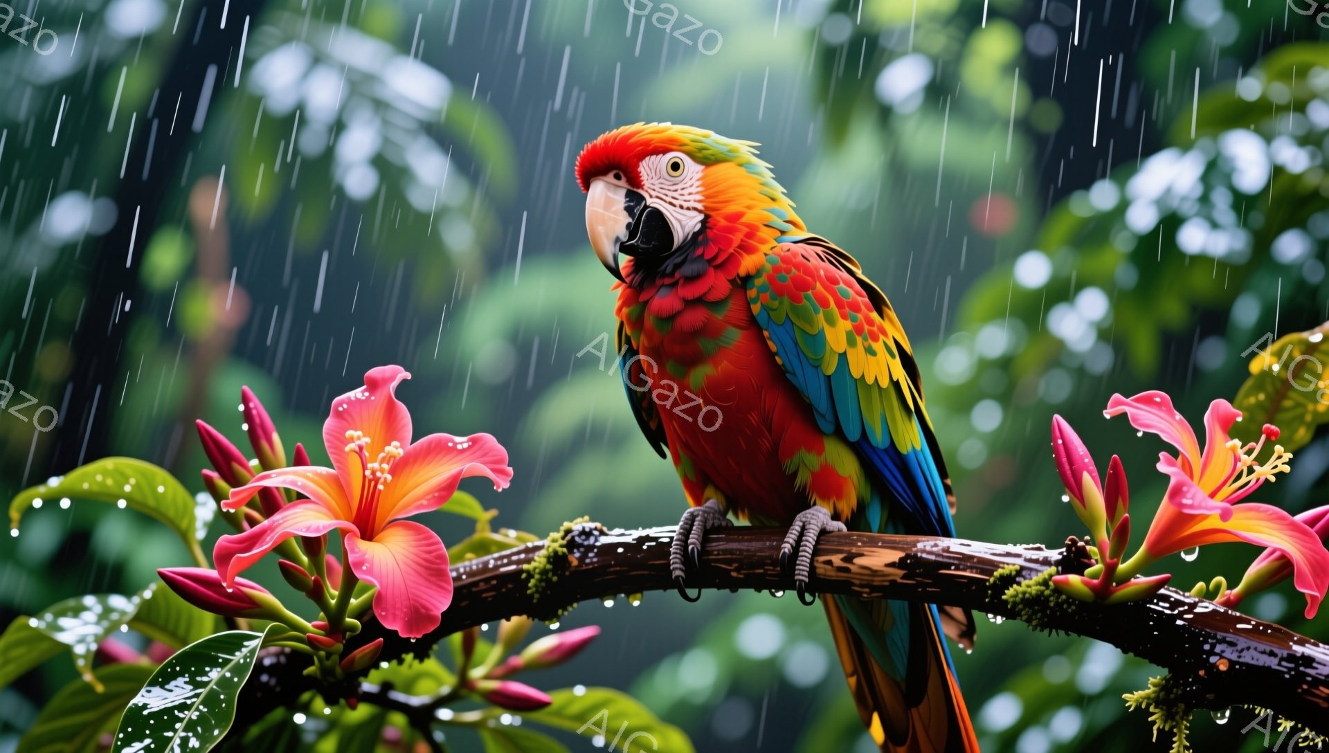 鮮やかな色のコンゴウインコが、ピンクの花に囲まれた枝にとまっている。雨が降り注ぎ、背景は緑豊かな熱帯雨林の風景が広がっている。インコは少し俯き、雨に打たれている様子が印象的だ。
