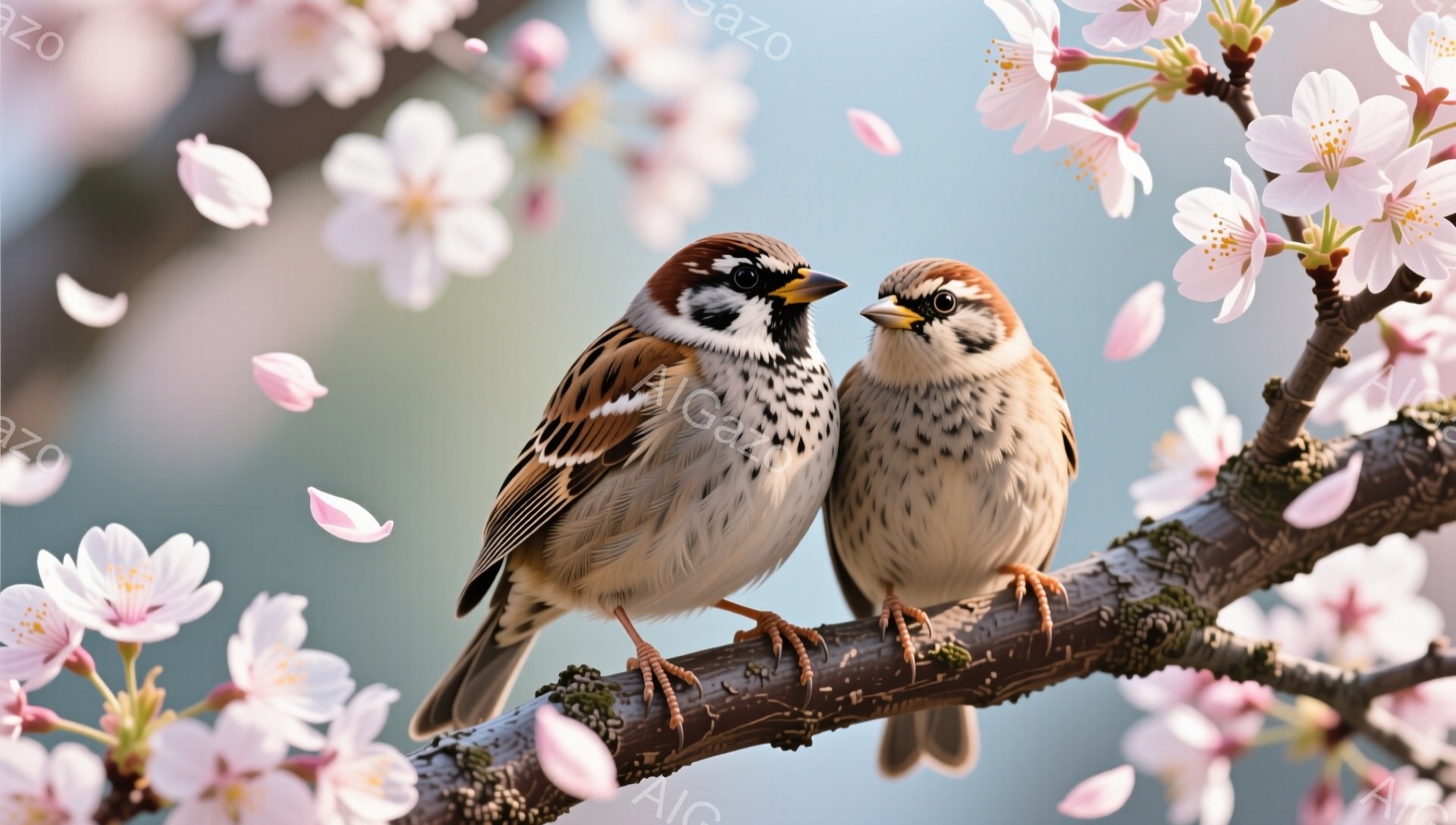桜の枝に二羽のスズメが寄り添って止まっています。春らしい優しい光が降り注ぎ、周囲には桜の花びらが舞っています。穏やかでロマンチックな雰囲気が漂う、心温まる光景です。