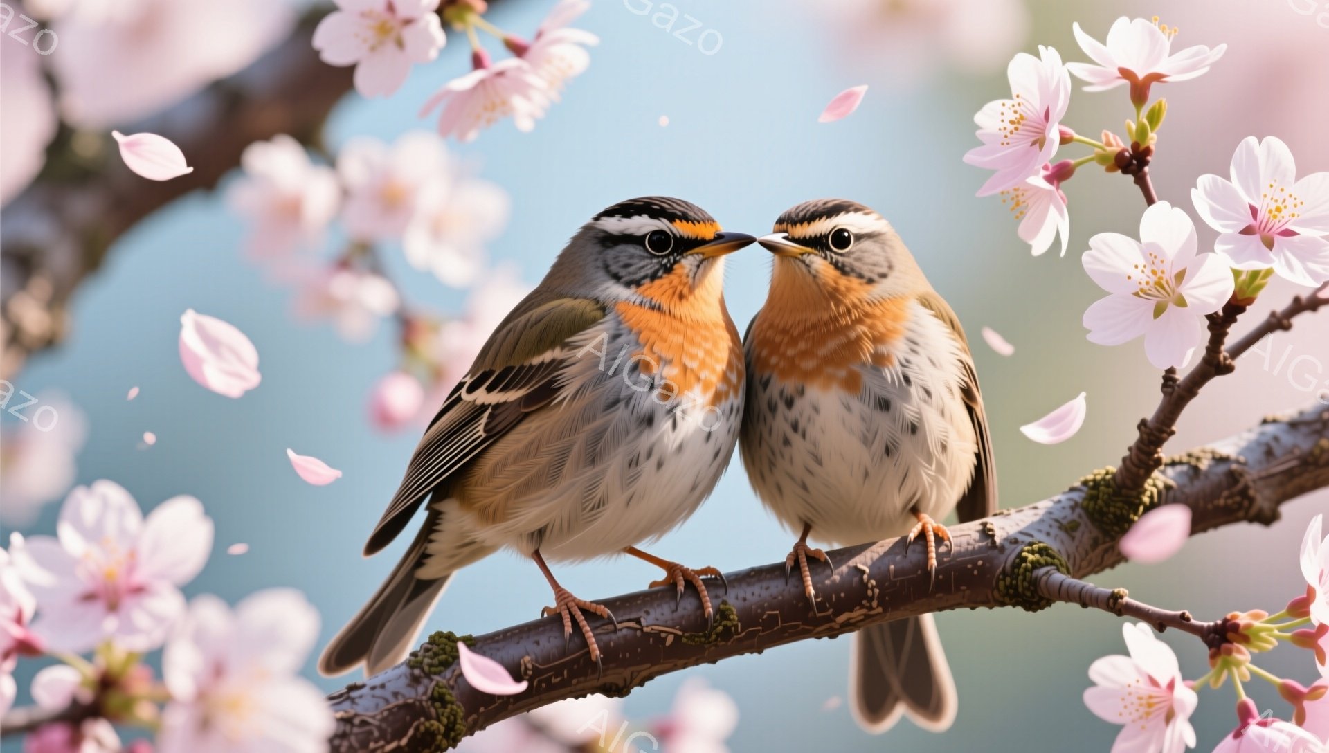 春の桜の木に、2羽の鳥が寄り添って枝に止まっています。鳥たちは鮮やかな赤と白の羽を持ち、愛らしい姿を見せています。桜の花びらが舞い散る背景が、春の暖かさと優しさを演出しています。