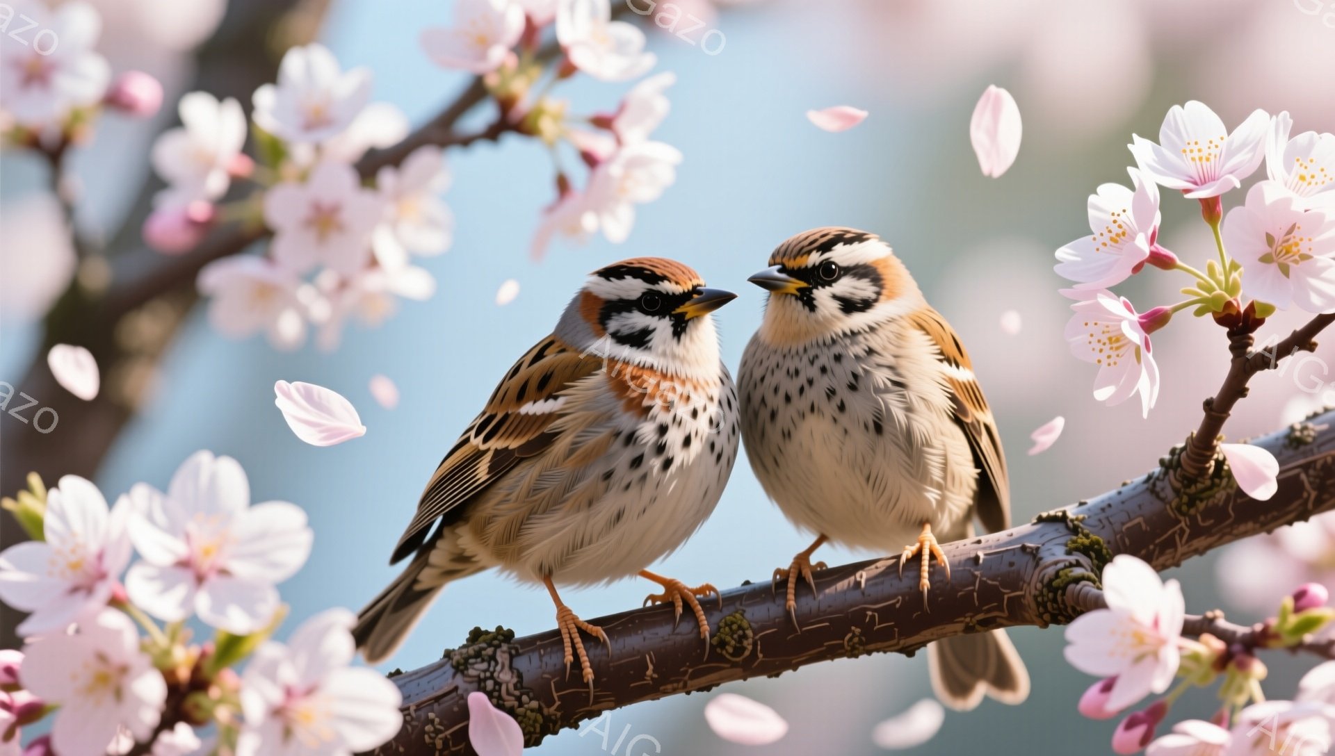 桜の枝に2羽のスズメが寄り添って止まっています。背景には淡いピンク色の桜の花びらが舞い、春の暖かく穏やかな雰囲気が漂っています。 スズメたちは互いに向き合い、穏やかな表情をしています。