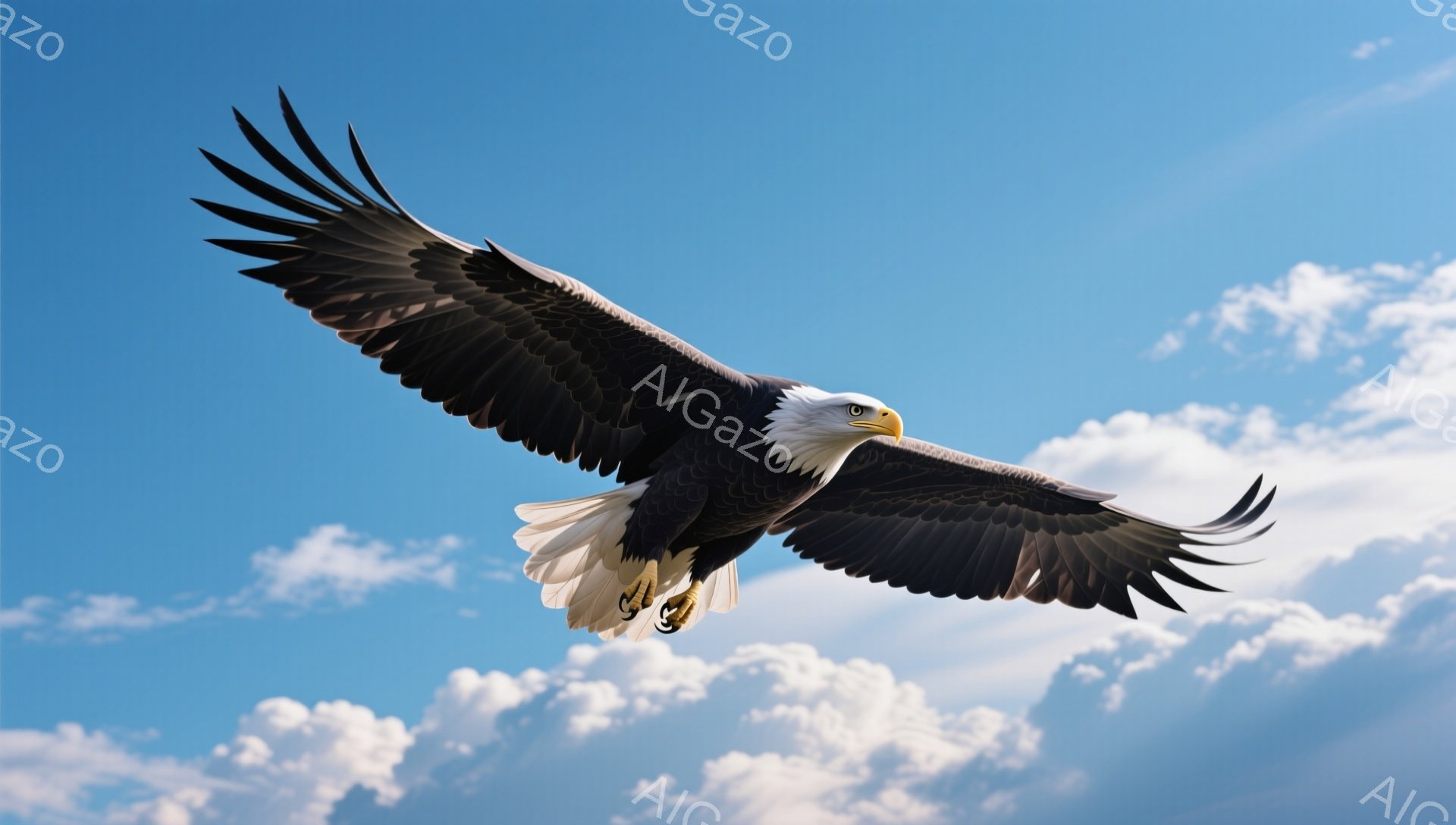 広大な空を舞うアメリカワシが捉えられています。翼を大きく広げ、鋭い爪を前に突き出し、力強く飛翔する姿は、自由と勇気を象徴しているようです。青空と白い雲が、ワシの荘厳さを一層引き立てています。