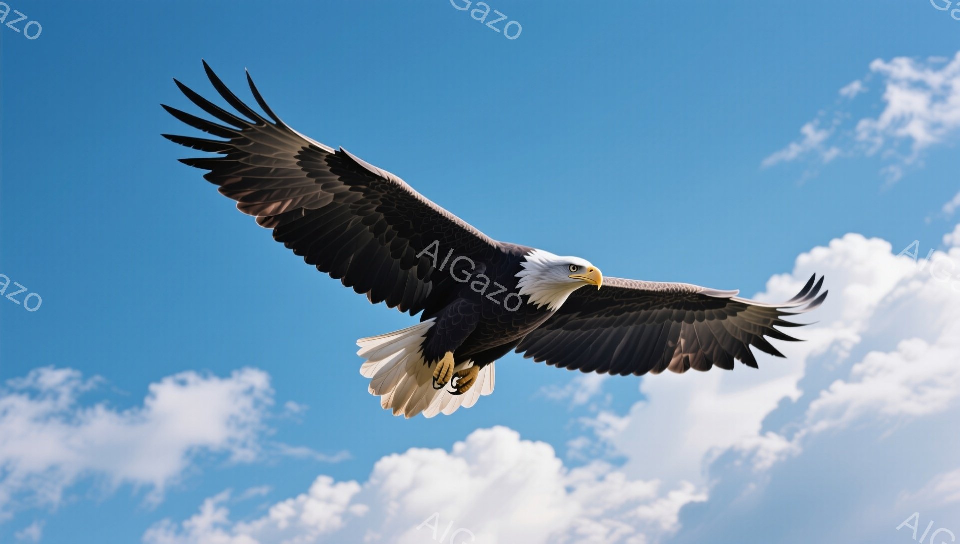 広大な青空を背景に、力強く翼を広げたハゲワシが飛び込んでいる。白い頭と尾羽、鋭い爪が印象的で、猛禽類の威厳を感じさせる。雲とのコントラストが美しく、自由な飛翔の瞬間を捉えた一枚である。 - AI生成フリー素材