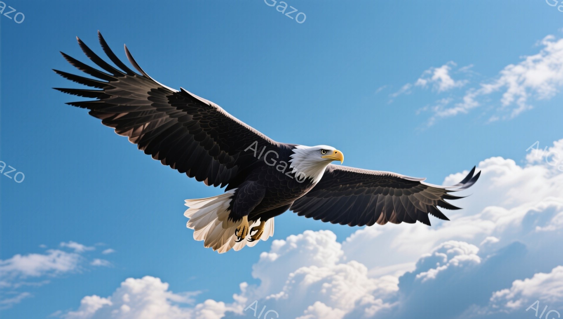 広大な青空を背景に、白頭ハゲワシが翼を広げて飛んでいる。その力強い翼と鋭い眼差しは、自由と力強さを象徴しているようだ。雲が浮かぶ空は、鳥の飛行をさらに引き立て、雄大な自然の雰囲気を醸し出している。