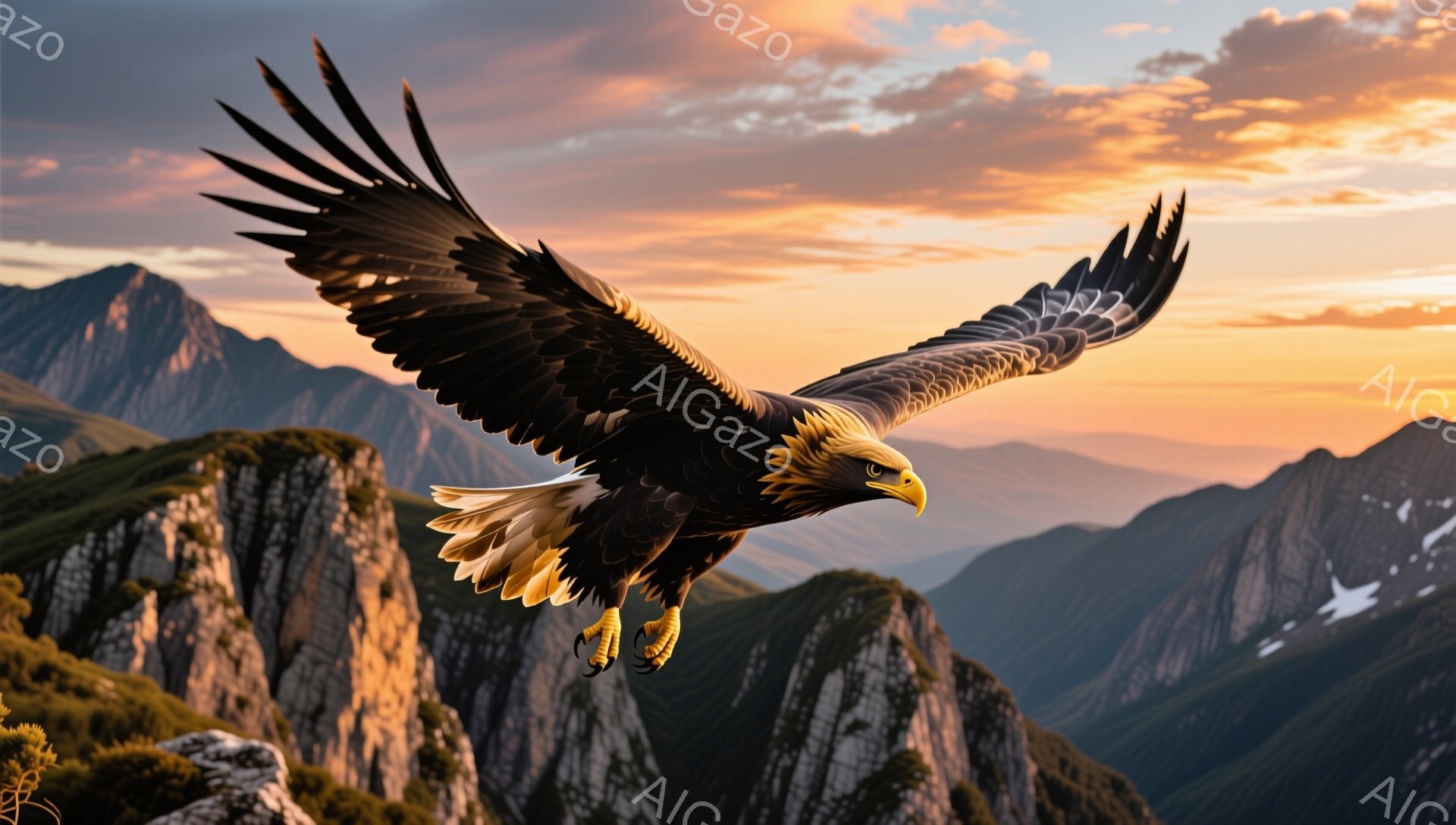 広大な山岳地帯を背景に、翼を広げた巨大なワシが飛行している。夕焼けのオレンジ色と山の影が、ワシのシルエットを際立たせ、力強さと自由な雰囲気を醸し出している。ワシは獲物を探しているのか、あるいはただ自由に空を舞っているのか、その意図は不明だが、雄大な自然の中で生きる姿は見る者を圧倒する。