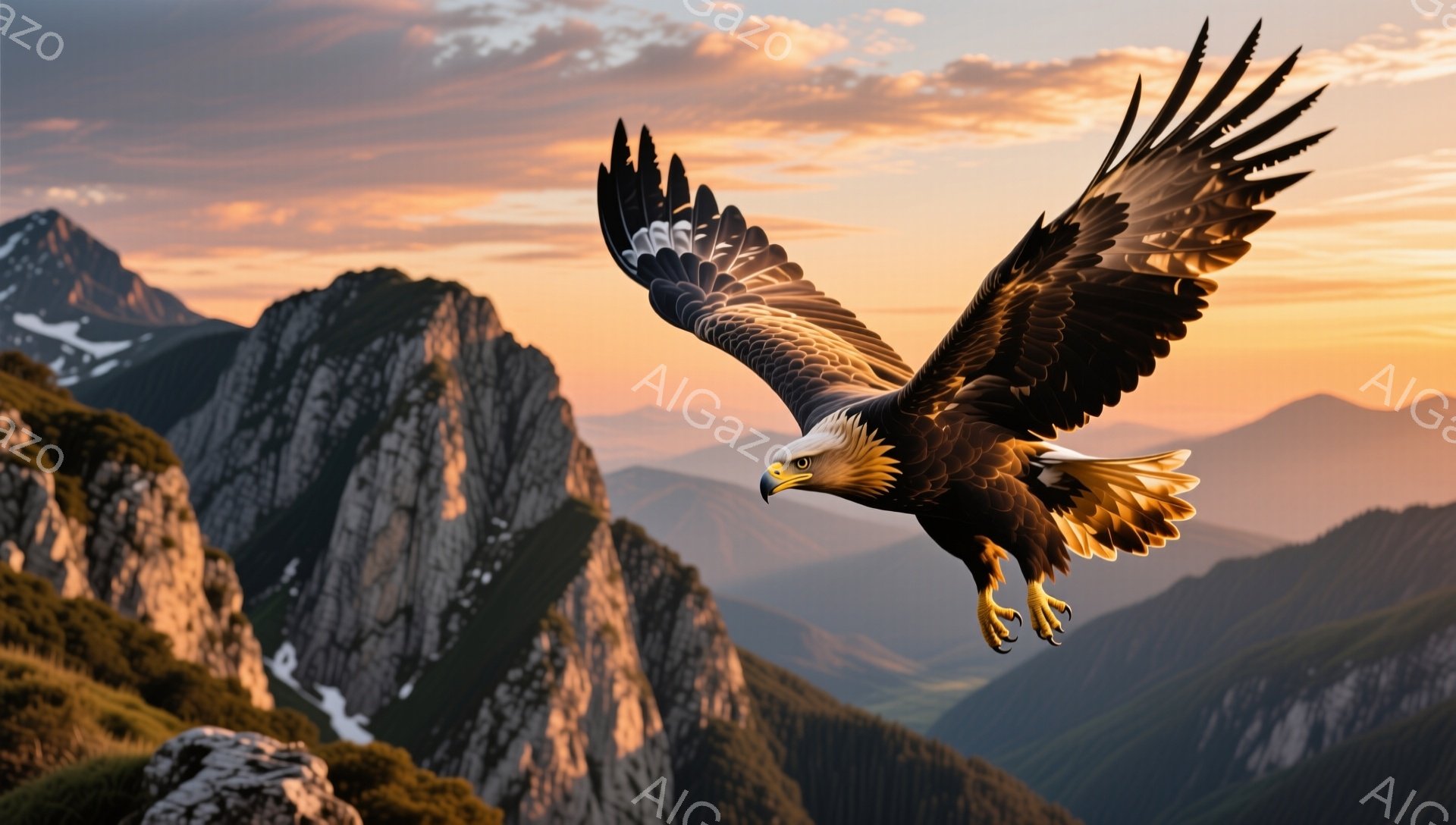 険しい山々と夕焼け空を背景に、一羽のワシが翼を広げて空を飛んでいる。ワシの鋭い眼光と力強い翼は、その自由奔放な姿を際立たせている。夕焼けの温かい光が、ワシのシルエットと山々の風景を美しく照らし出してい - AI生成フリー素材