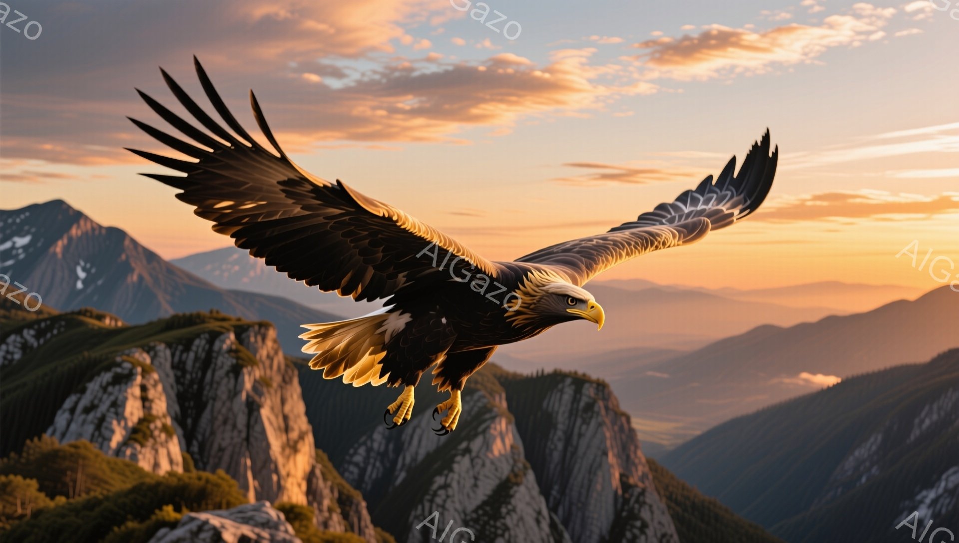 広大な山岳地帯を背景に、翼を大きく広げたワシが力強く空を飛んでいる。夕焼けのオレンジと紫色の光がワシの羽を照らし、その姿をさらに印象的にしている。雄大な自然と自由なワシの姿が、見る者に希望と感動を与え - AI生成フリー素材