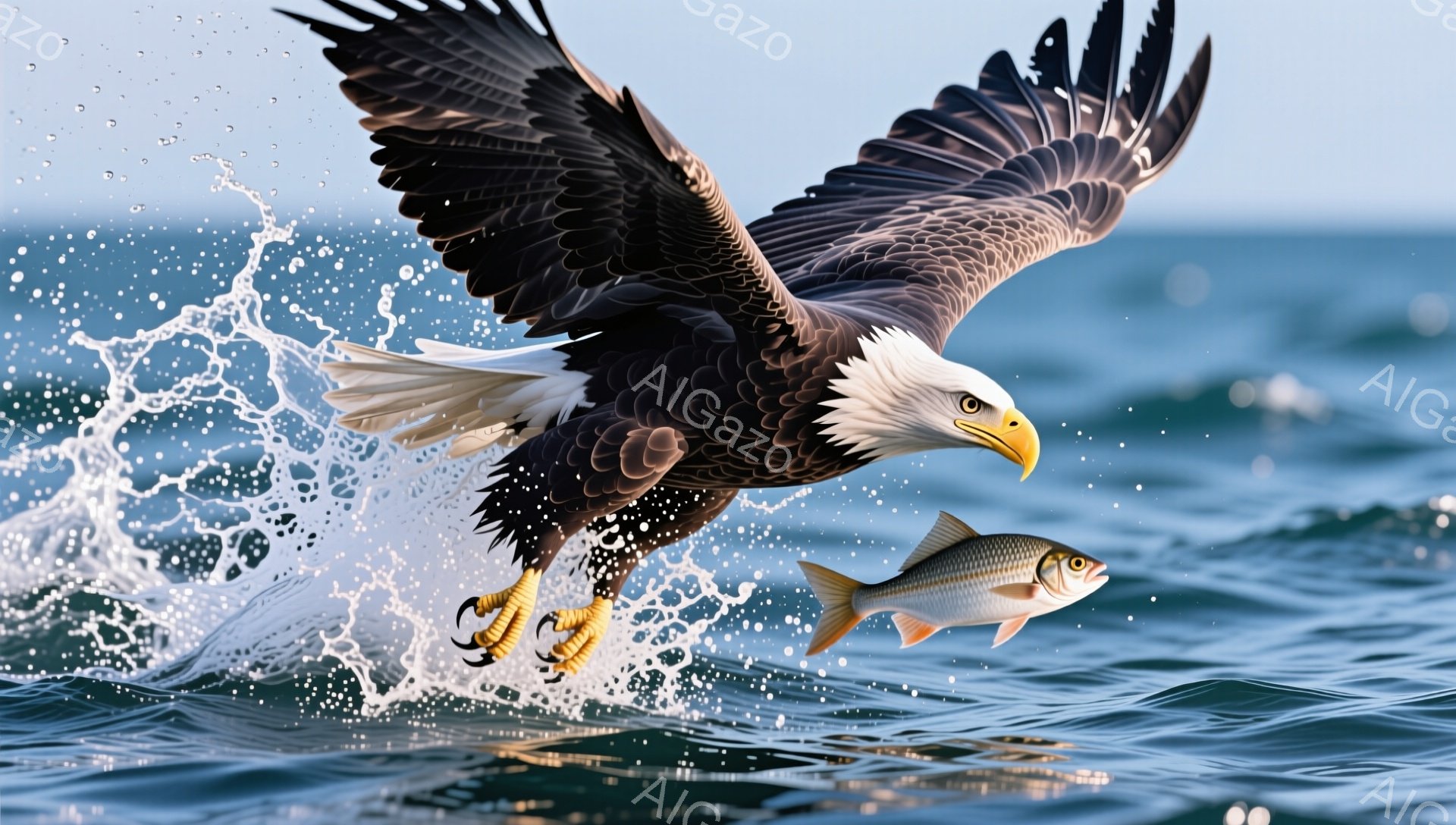 白頭鷲が獲物を掴んで海面を飛び立っています。水しぶきが力強い翼と対比的で、狩りの瞬間を捉えた躍動感のある光景です。背景の青い海は、自然の壮大さを強調しています。 - AI生成フリー素材