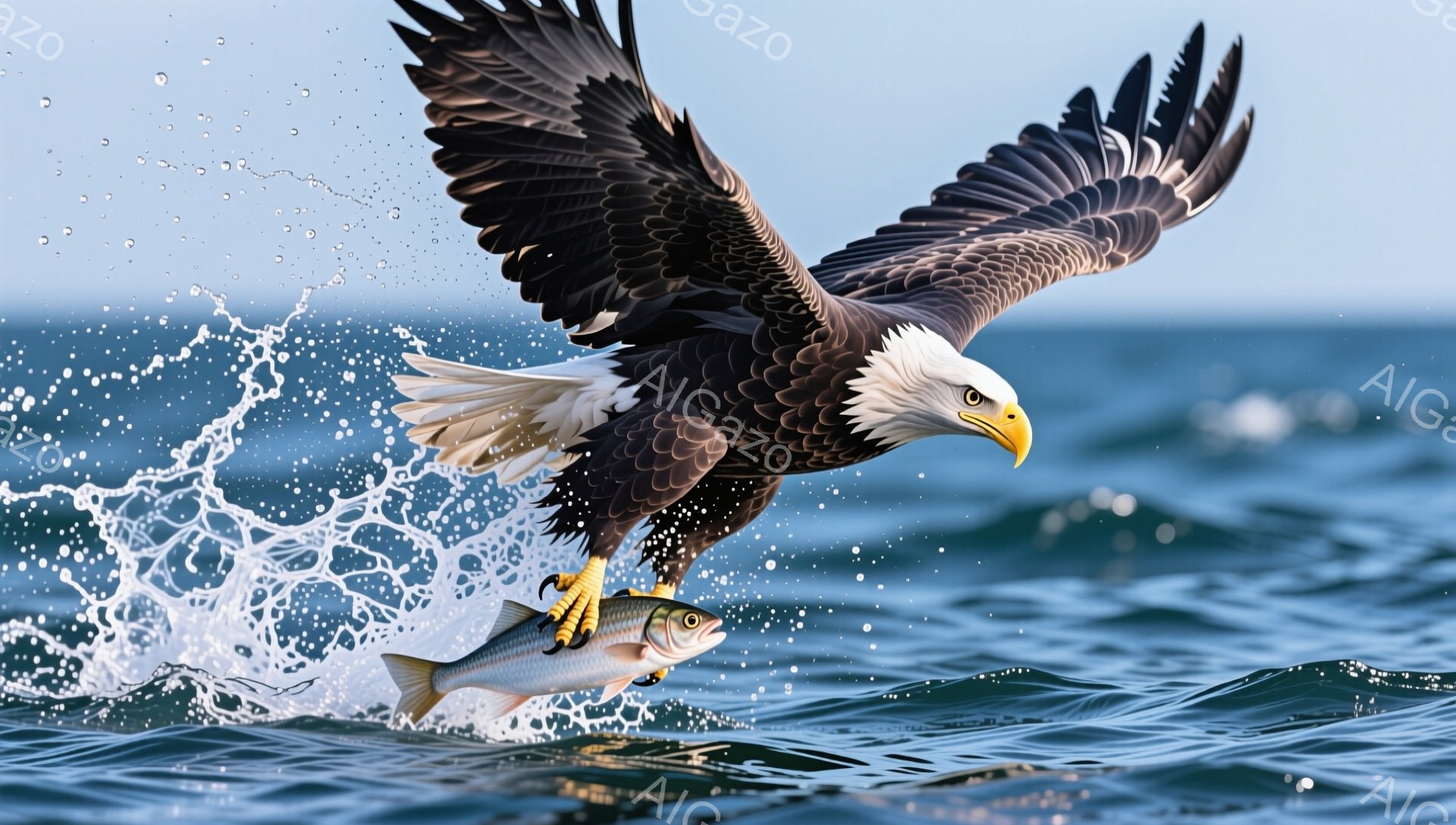 広大な海の上を、一羽のハクトウワシが獲物である魚をくわえて力強く飛び立っています。水しぶきが飛び散り、ワシの翼は大きく広げられ、その姿は勇猛果敢です。青い海と空が背景に広がり、自然の力強さを感じさせる光景です。
