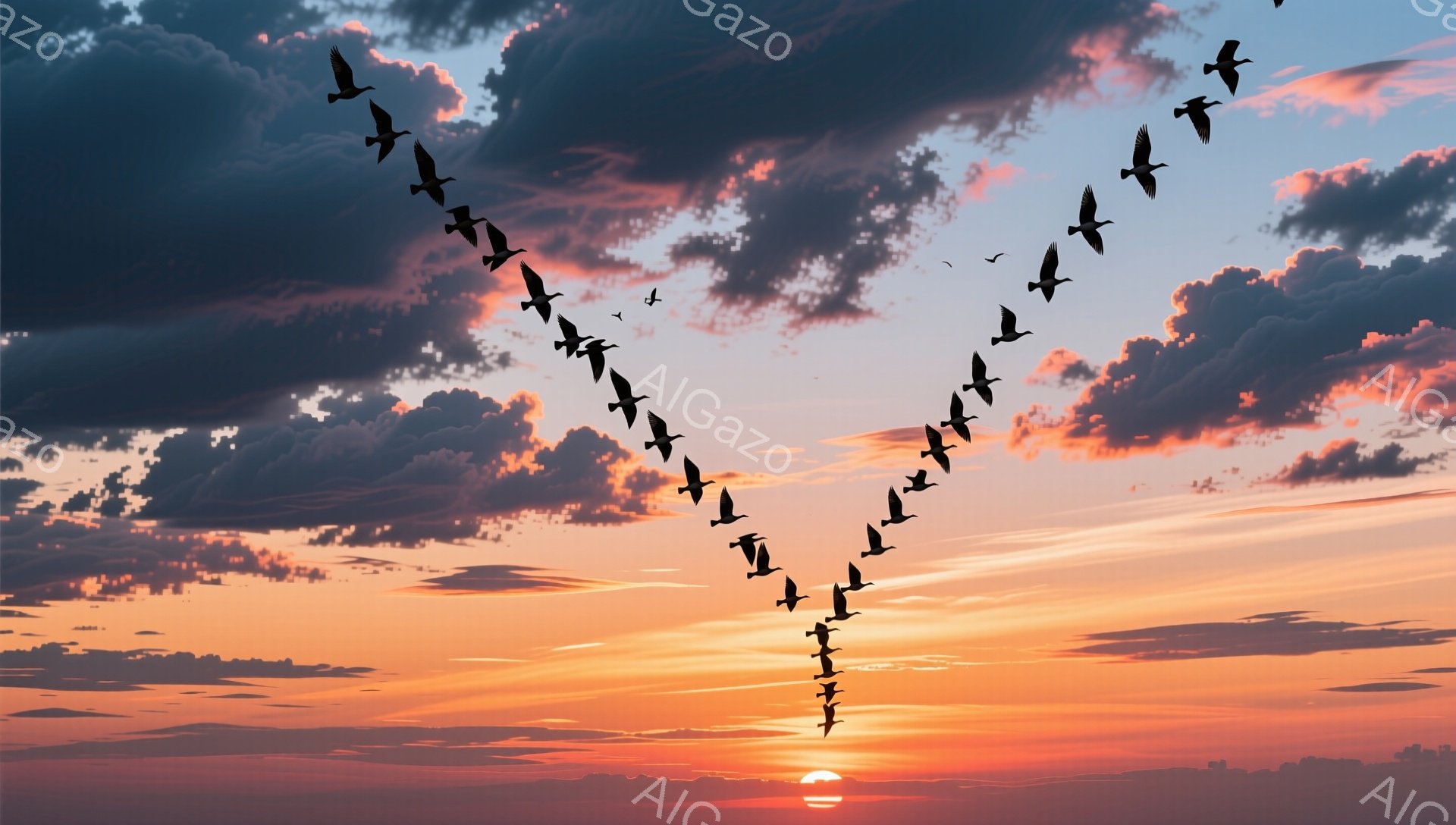 オレンジと紫色の夕焼け空を、V字型に隊列を組んだ鳥たちが飛んでいる。太陽は地平線に沈みかけており、空全体が鮮やかな色彩で染め上げられている。この光景は、自然の美しさや自由な旅立ちを想起させる。