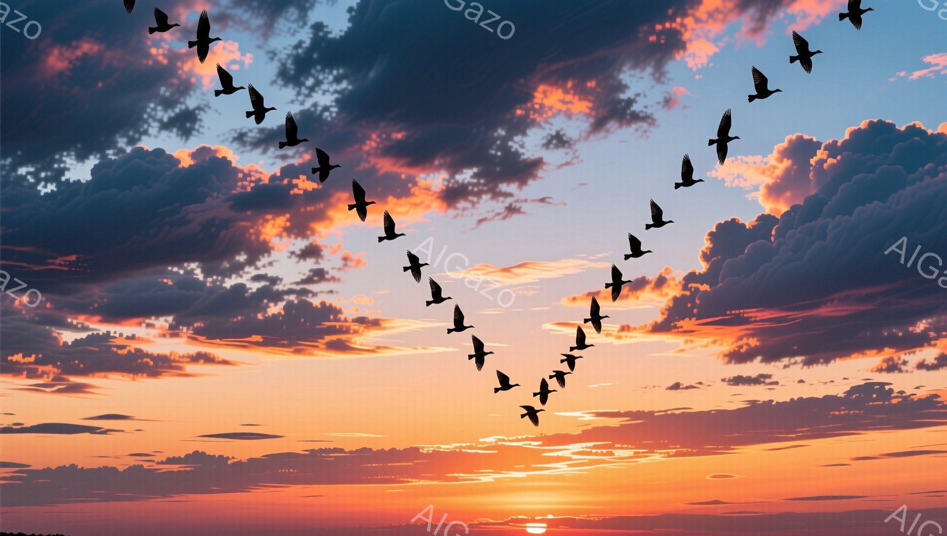 美しい夕焼けを背景に、V字型に飛ぶ鳥たちの群れが見える。空はオレンジと紫の色合いで、幻想的な雰囲気を醸し出している。自然の壮大さと静けさが感じられる光景だ。