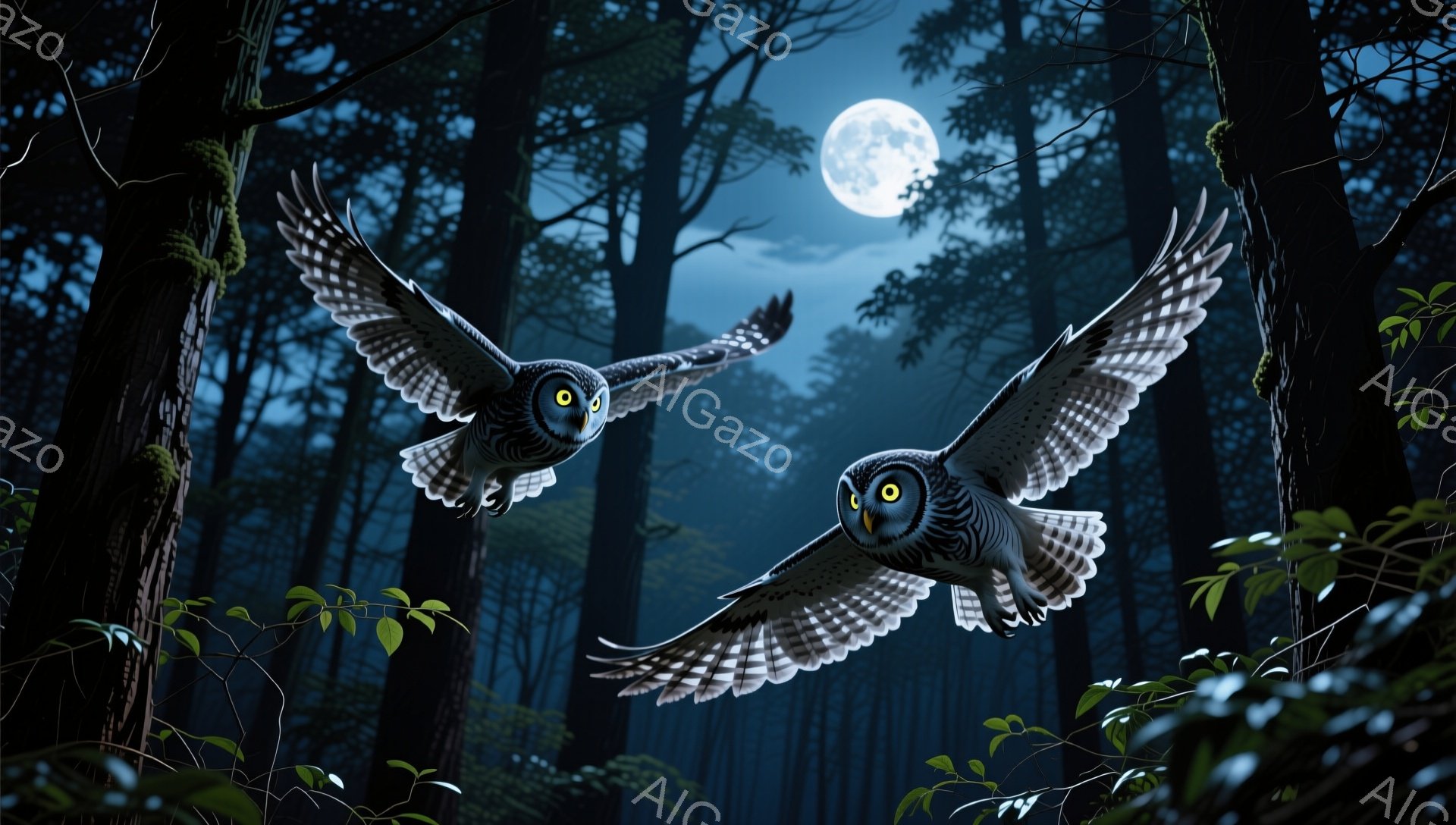 深い森の中で、二羽のフクロウが月明かりの下を飛んでいる。フクロウは翼を広げ、鮮やかな黄色い目で静かに夜を見守っている。背景には暗い木々とぼんやりと光る月が描かれ、神秘的で幻想的な雰囲気を醸し出している。