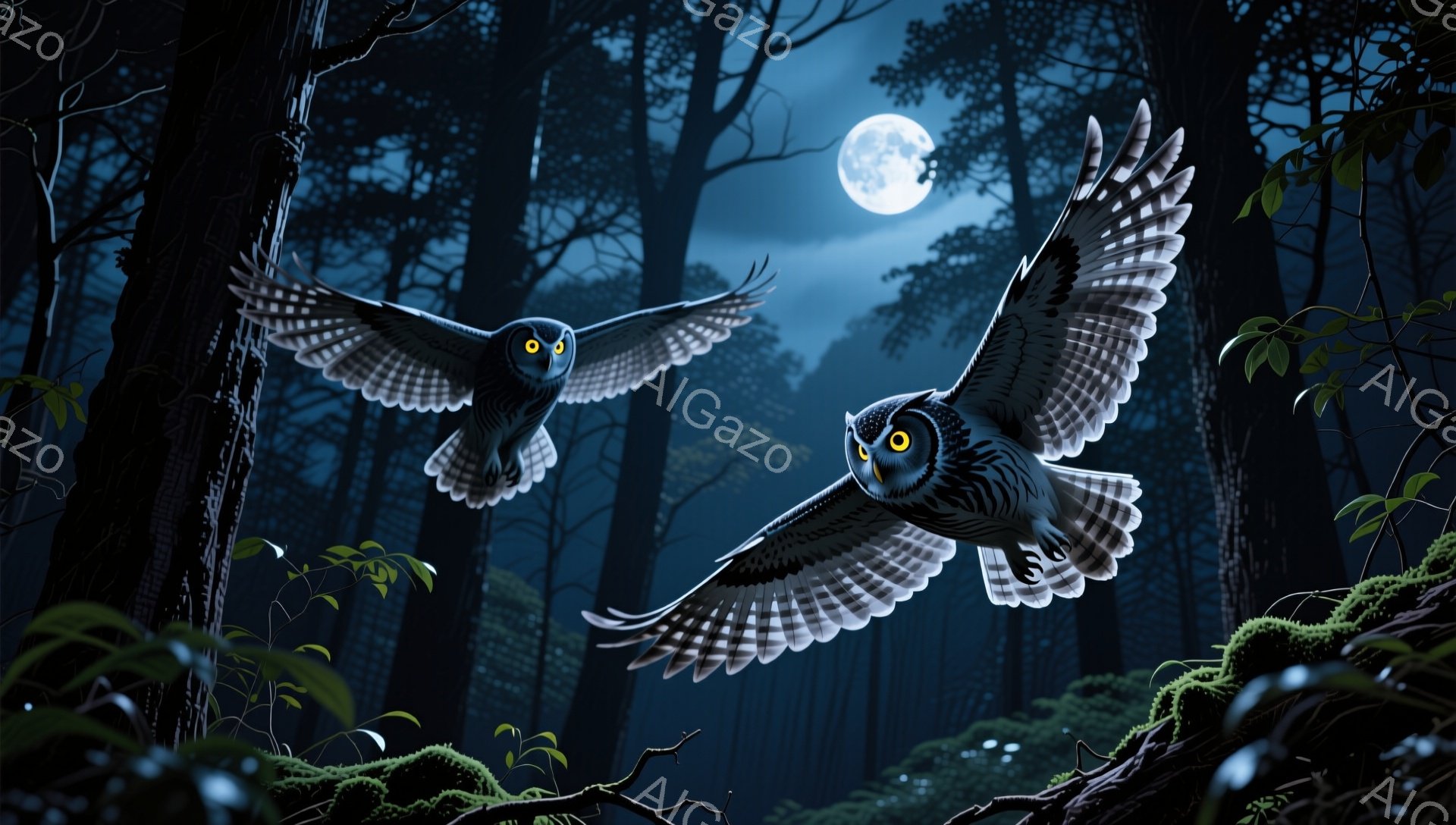 深い森の中で二羽のフクロウが夜空を飛んでいる。月明かりが木々の間から差し込み、神秘的な雰囲気を醸し出している。フクロウの瞳は鋭く光り、夜の闇を照らしているようだ。 - AI生成フリー素材