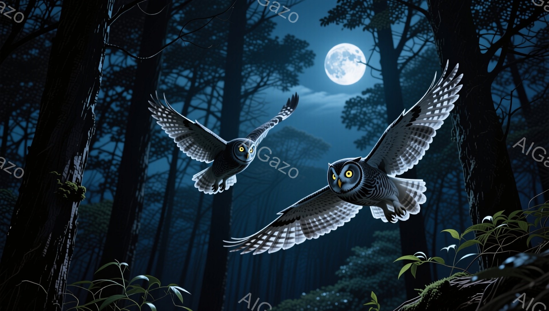 夜の森の中を二羽のフクロウが舞っている。月明かりが木々の間から差し込み、神秘的な雰囲気を醸し出している。フクロウの羽は広げられ、静かに夜空を飛んでいる。