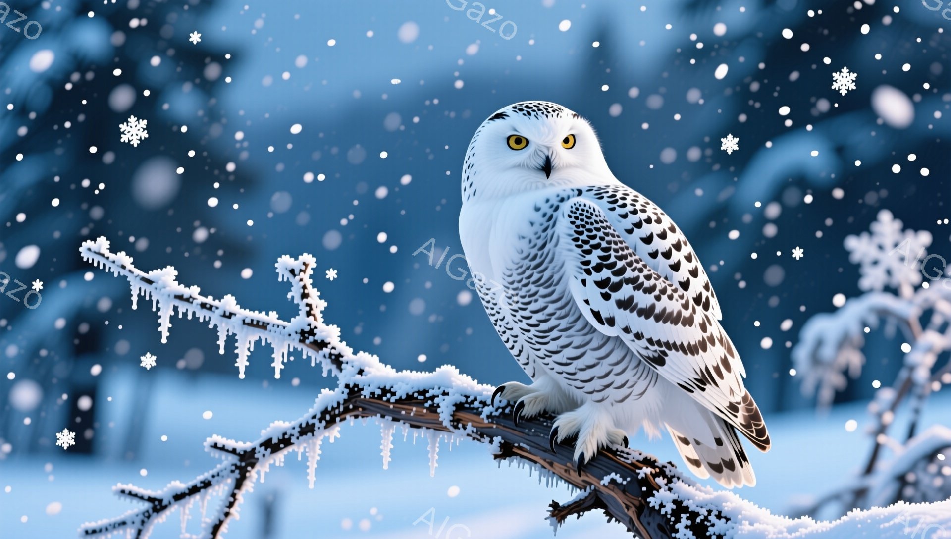 雪に覆われた枝にとまる雪フクロウが描かれています。白い羽は雪景色に溶け込み、鋭い視線は力強さを感じさせます。冬の静寂と神秘的な雰囲気が漂う、美しい光景です。