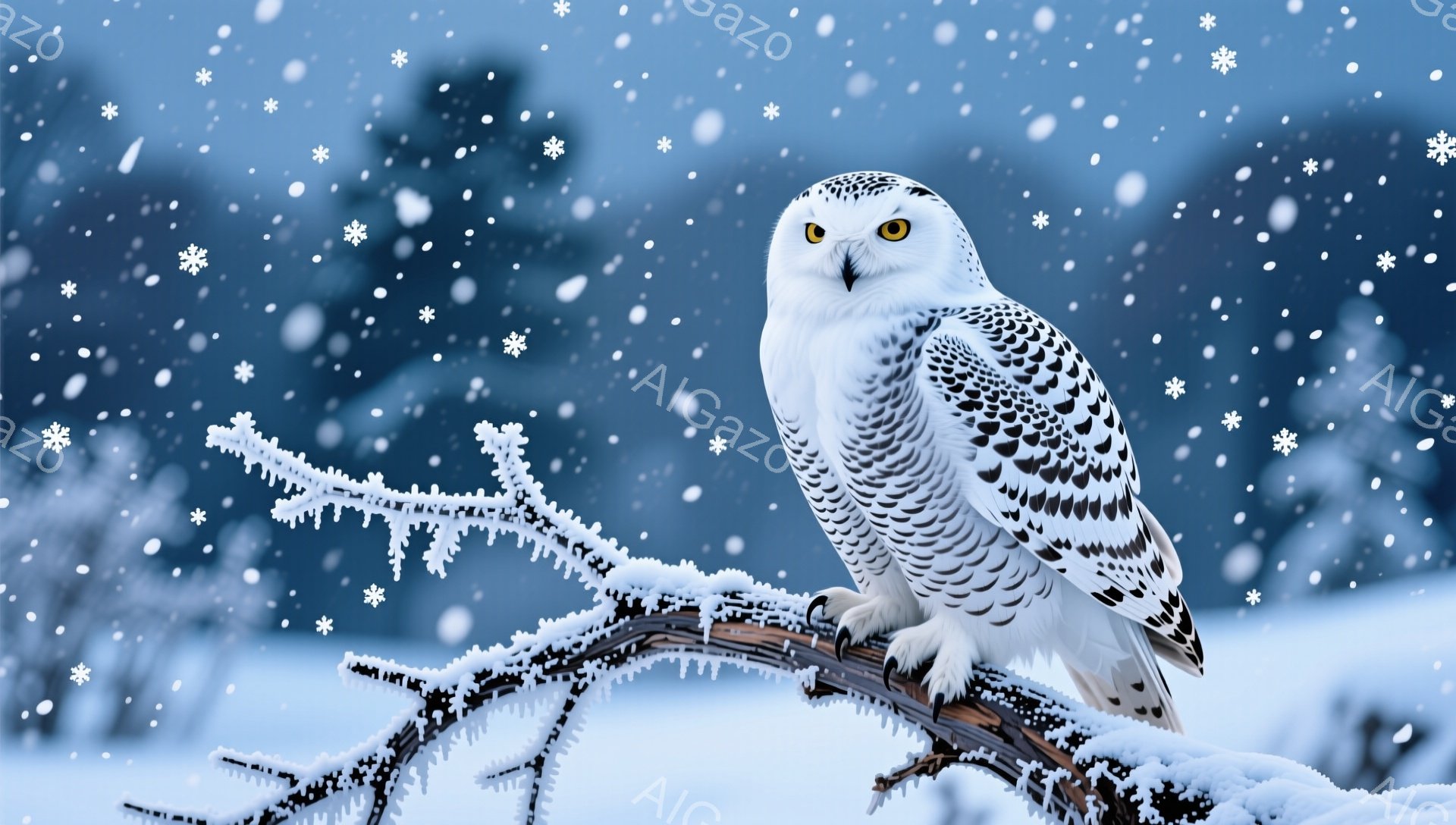 雪深い森の中で、美しい白いフクロウが凍りついた木の枝に止まっている。その鋭い目は、周囲の景色を見つめているようで、凛とした雰囲気を醸し出している。背景は雪景色で、幻想的な冬の風景が広がっている。 - AI生成フリー素材