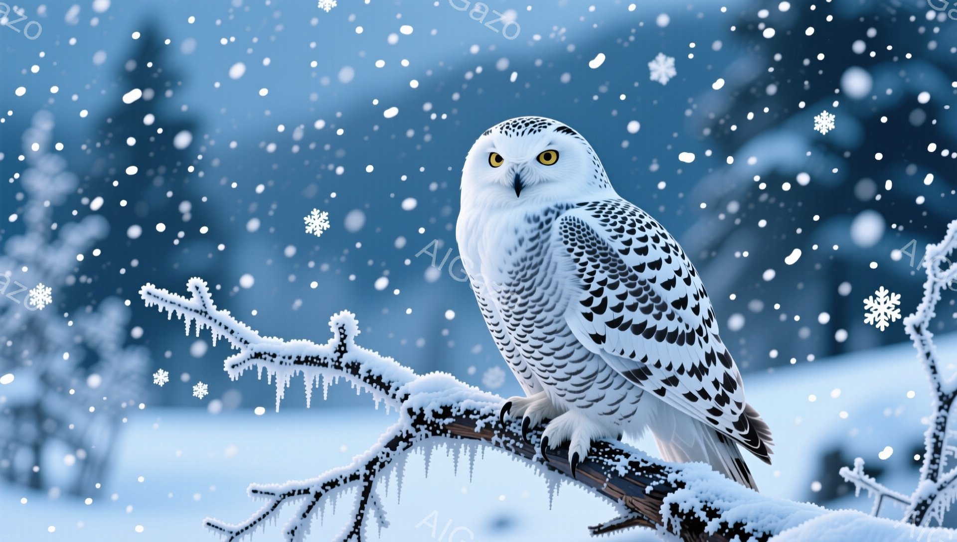 雪の降る森の中で、白いフクロウが氷のついた枝にとまっている。その目は鋭く、周囲を警戒しているように見える。背景は白銀の世界で、静寂と厳しさを感じさせる。 - AI生成フリー素材