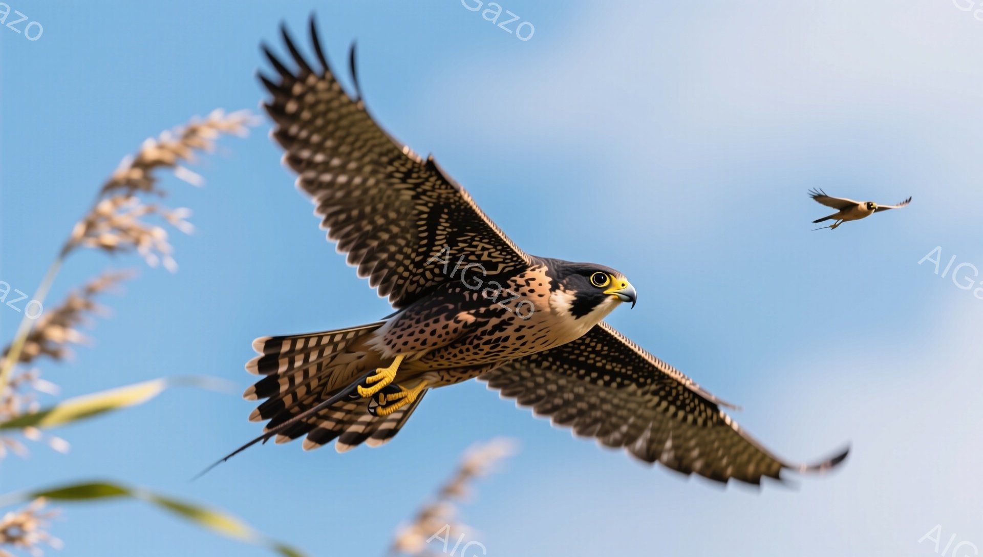 青い空を背景に、猛禽類のハヤブサが翼を広げ、力強く飛んでいる姿が捉えられています。遠くには別の鳥が小さく見え、ハヤブサが獲物を追いかけている様子を想像させます。鮮やかな色彩と躍動感あふれる構図で、自然の力強さを感じさせます。
