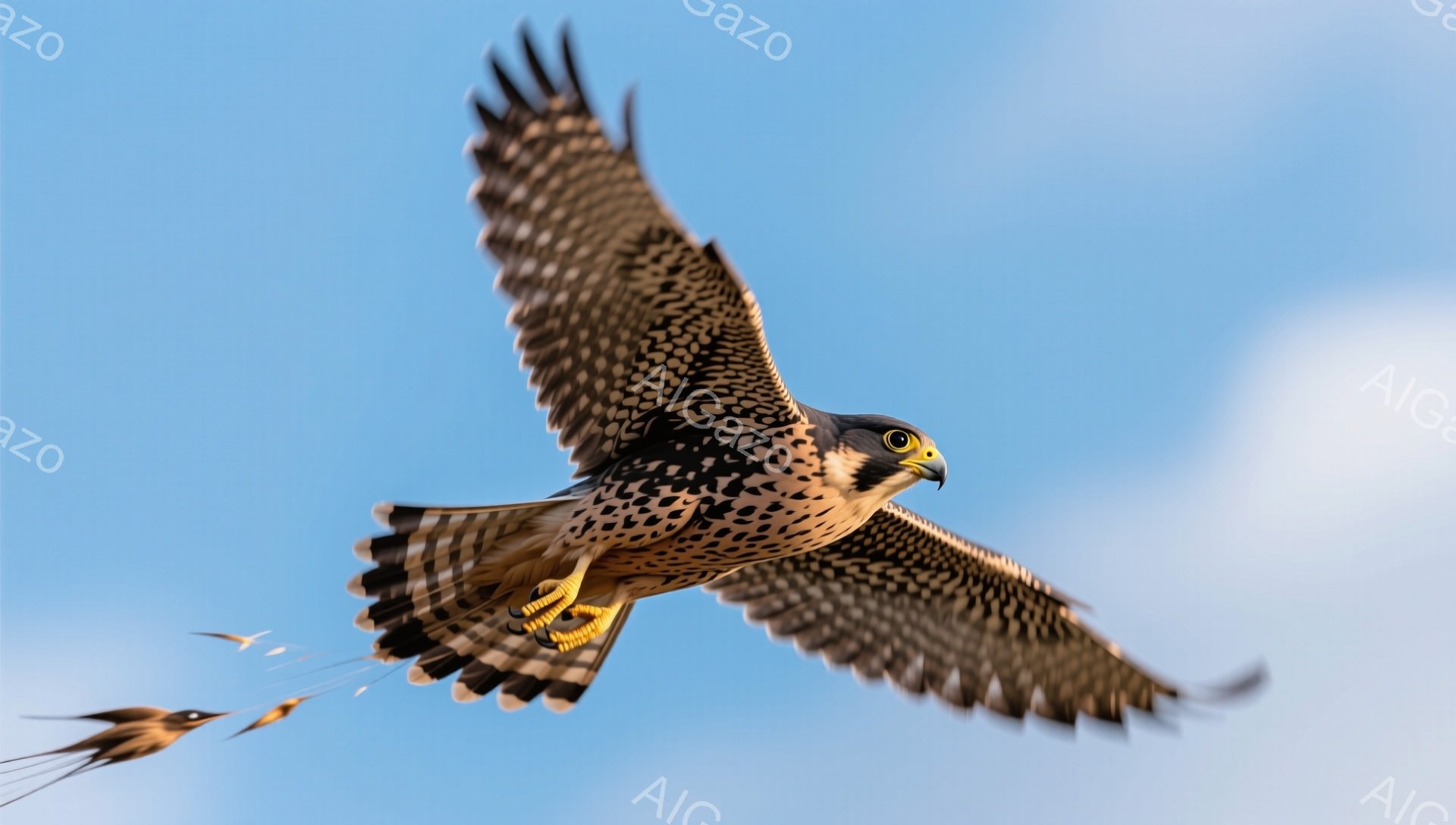青い空を背景に、翼を広げた猛禽類が描かれている。茶色と白の美しい斑模様が特徴的で、鋭い眼光で獲物を狙っているように見える。羽ばたく姿は力強く、空の支配者としての存在感を放っている。