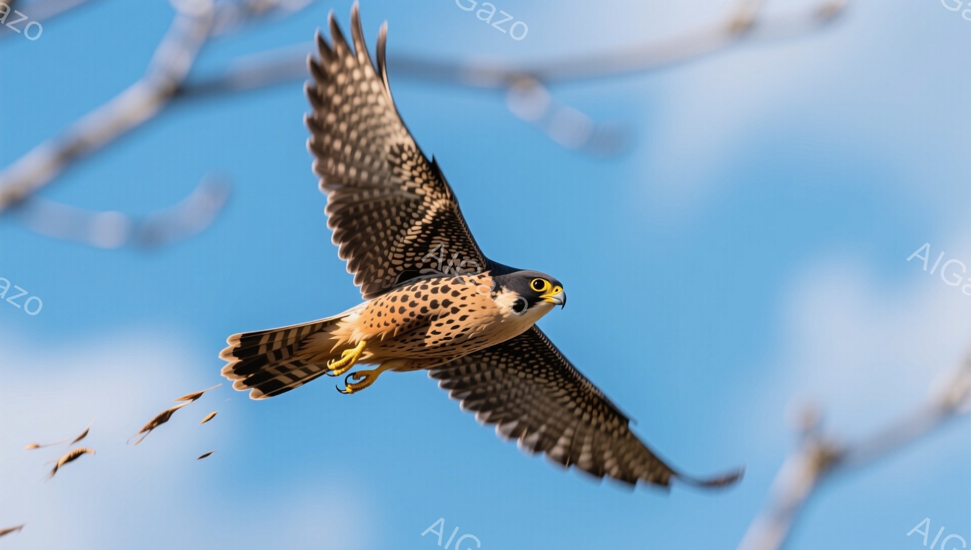 空を飛ぶハヤブサが写っている。翼を広げ、力強く空を舞う姿は躍動感に満ちている。背景には青空と木の枝がぼやけて写っており、自然な雰囲気が漂う。