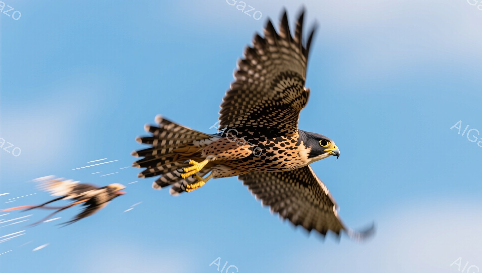 鮮やかな青空を背景に、猛禽類のハヤブサが獲物を追いかけている様子が捉えられています。翼を大きく広げ、力強く飛び立つ姿は、スピード感と狩りの本能を感じさせます。背景には、羽毛が舞い散る様子も見られ、迫力満点の瞬間を切り取っています。