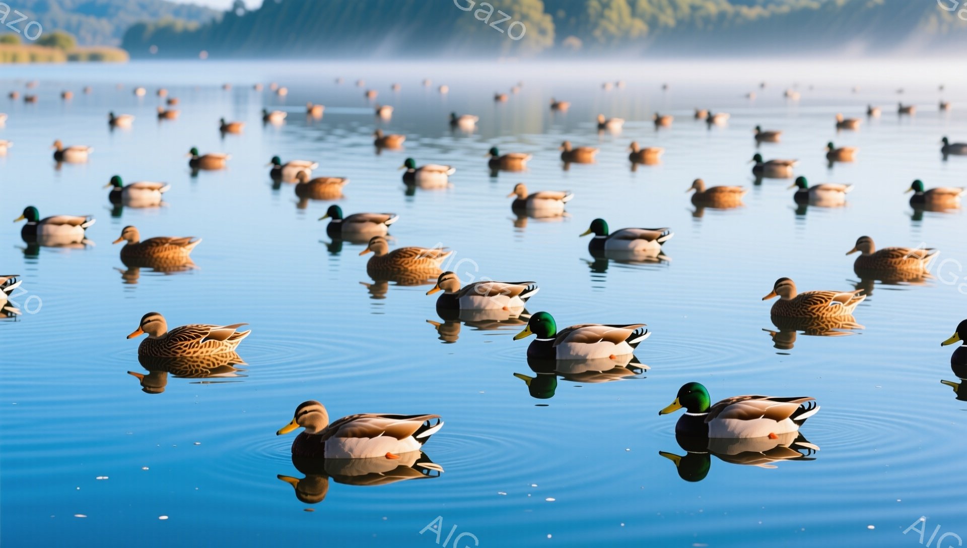 青い水面に鴨が多数浮かんでいます。水面には波紋が広がり、鴨たちは穏やかに水面を漂っているようです。背景には緑の山々が見え、静かで平和な雰囲気が漂っています。