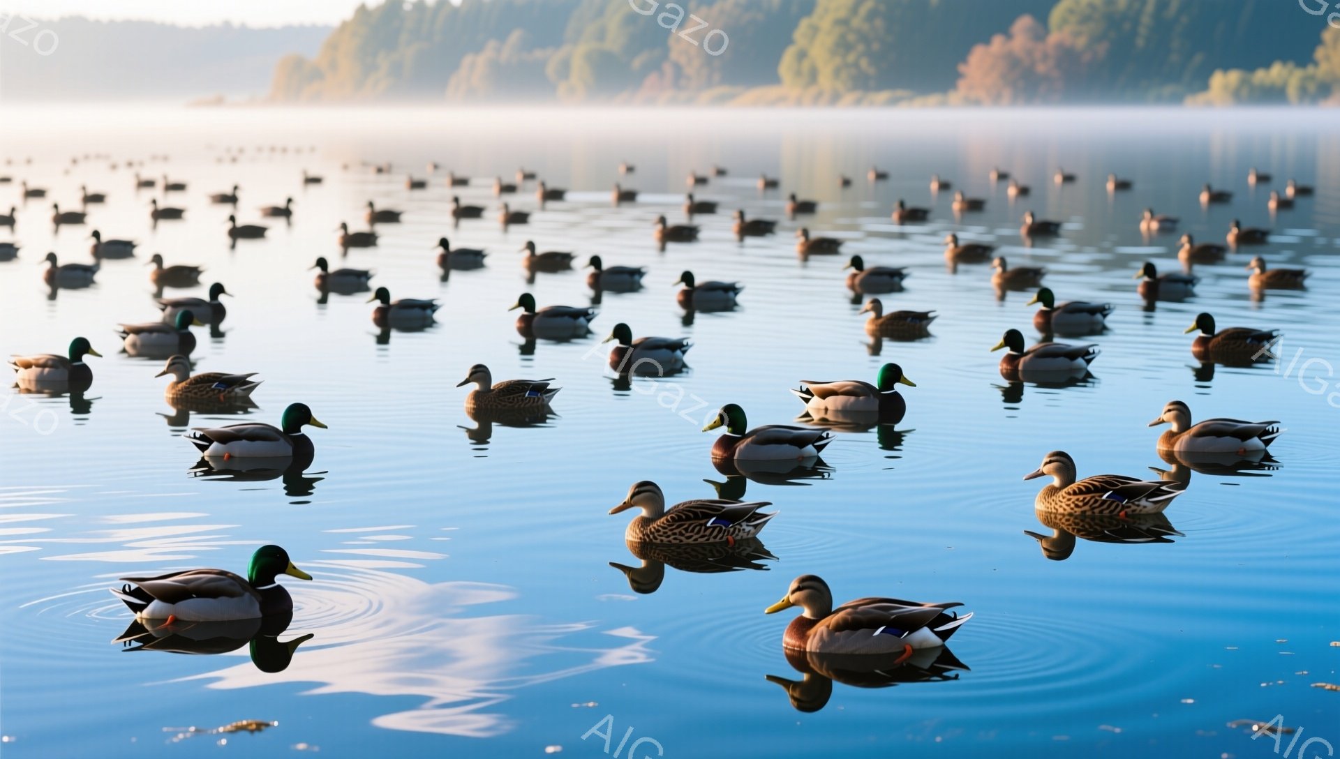 静かな湖面にたくさんの鴨が浮かんでいます。水面には鴨の姿が映り込み、波紋が広がっています。朝日の光が水面を照らし、穏やかな雰囲気を醸し出しています。 - AI生成フリー素材