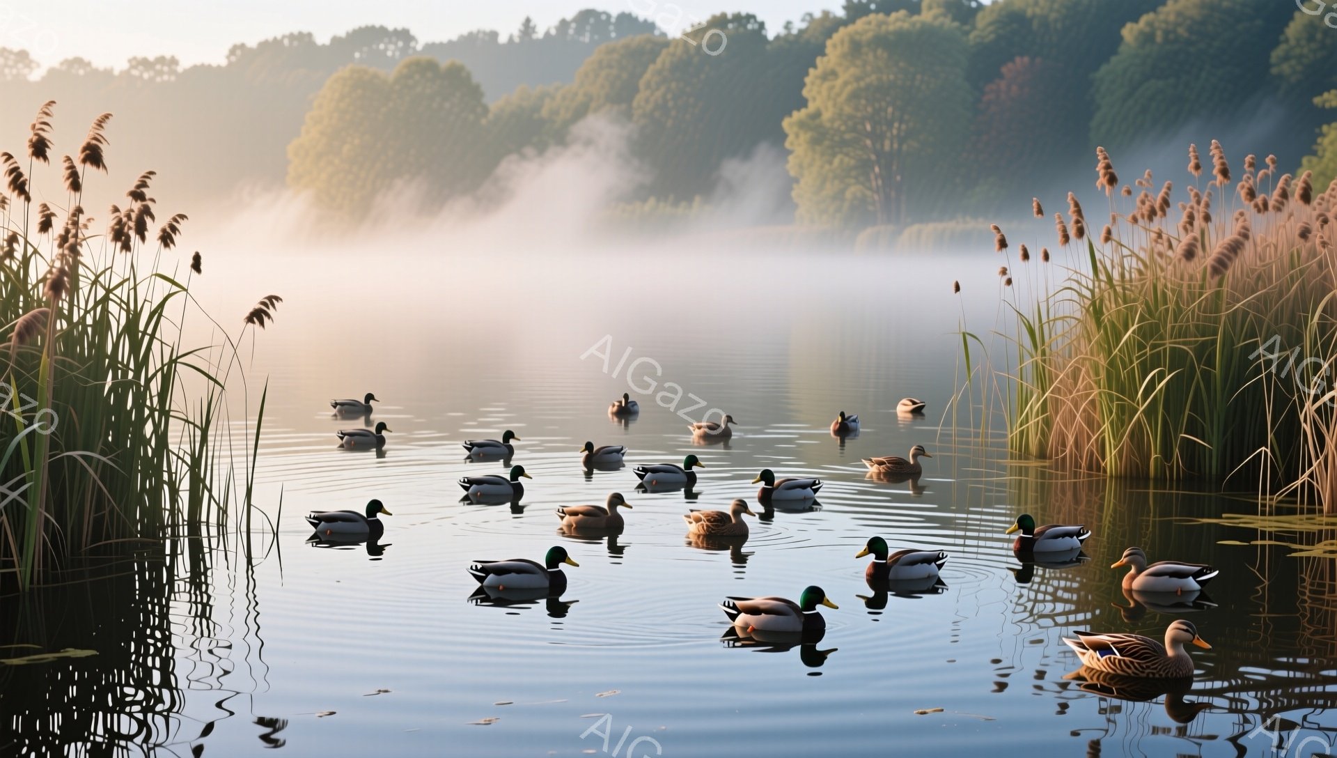 静かな湖でカモたちが水面を漂っている。朝靄が立ち込め、穏やかな朝の光が水面に反射し、幻想的な雰囲気を醸し出している。岸辺には背の高い草が生い茂り、自然豊かな風景が広がっている。