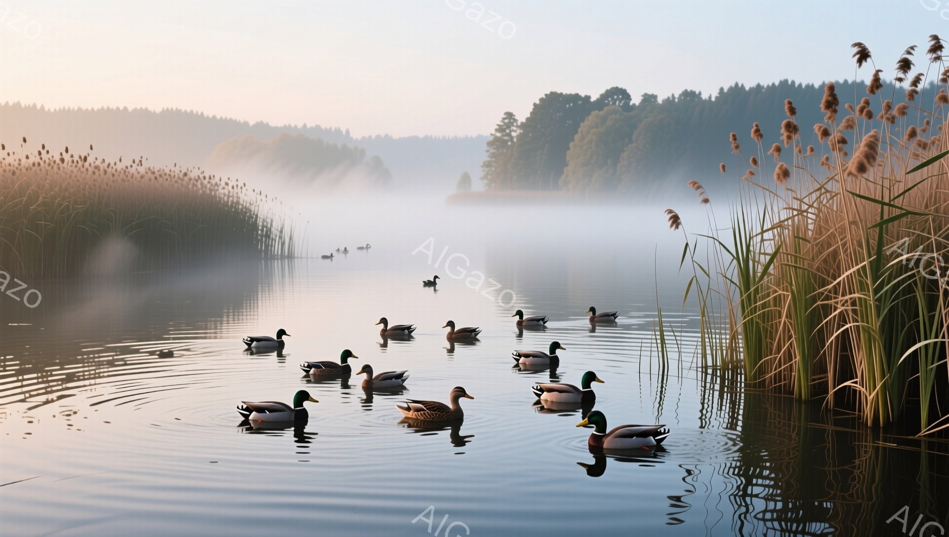 静かな湖面をカモたちが静かに泳いでいる。朝霧が立ち込め、穏やかな雰囲気の中に、水草が生い茂る様子が描かれている。朝日の光が水面を照らし、幻想的な風景を作り出している。