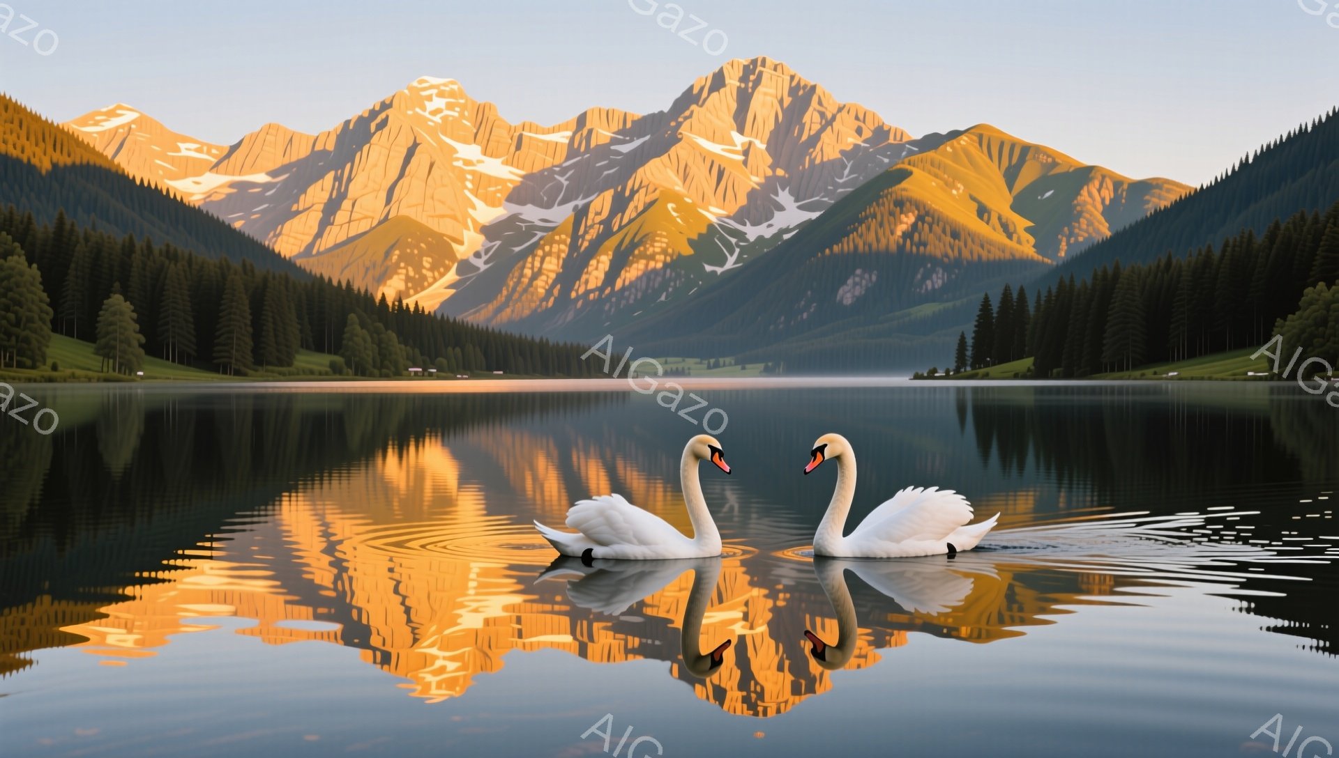 白鳥が穏やかな湖面を優雅に泳いでいる。背景には緑豊かな森林と雪を抱いた山々が広がり、夕焼けが水面に鮮やかなオレンジ色の反射を作り出している。静かで平和な雰囲気を感じさせる美しい風景だ。