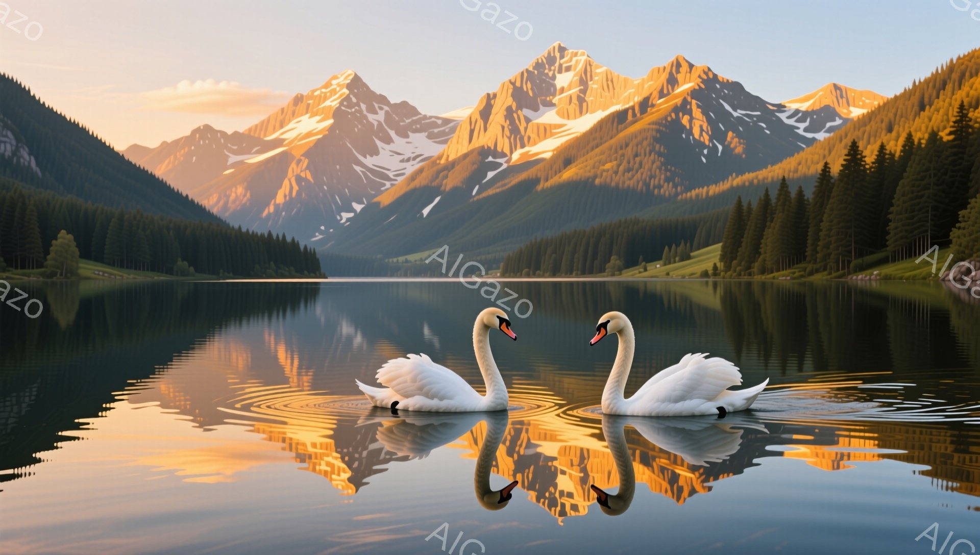 静かな湖面を2羽の白鳥が優雅に泳いでいる。背景には雪を抱いた山々がそびえ立ち、夕焼けが湖面を金色に染め上げている。穏やかで幻想的な雰囲気が漂っている。 - AI生成フリー素材
