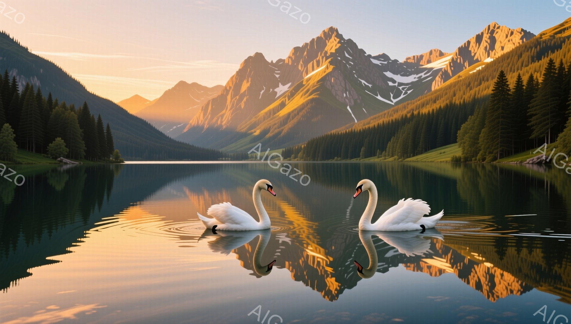 湖面で白鳥が2羽寄り添い泳いでいる。背景には緑豊かな山々と雪を抱いた山頂がそびえ立ち、水面にその美しい姿が映り込んでいる。穏やかな夕暮れ時で、静寂で幻想的な雰囲気が漂っている。