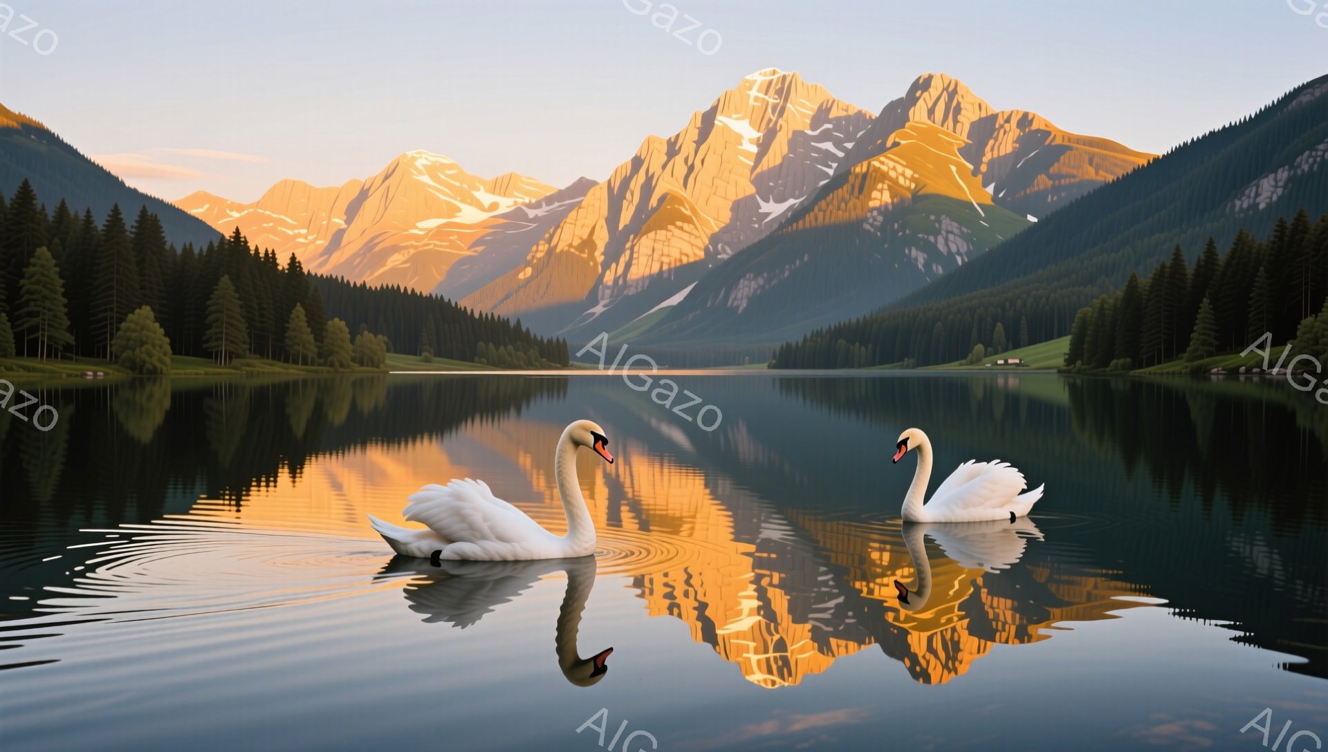澄んだ湖面に二羽の白鳥が優雅に浮かび、周囲の山々の美しい反射が水面に映り込んでいる。背景には緑豊かな森林と、雪を頂く荘厳な山々が広がり、穏やかで平和な雰囲気を醸し出している。夕暮れ時の柔らかな光が、風景全体を暖かく包み込んでいる。