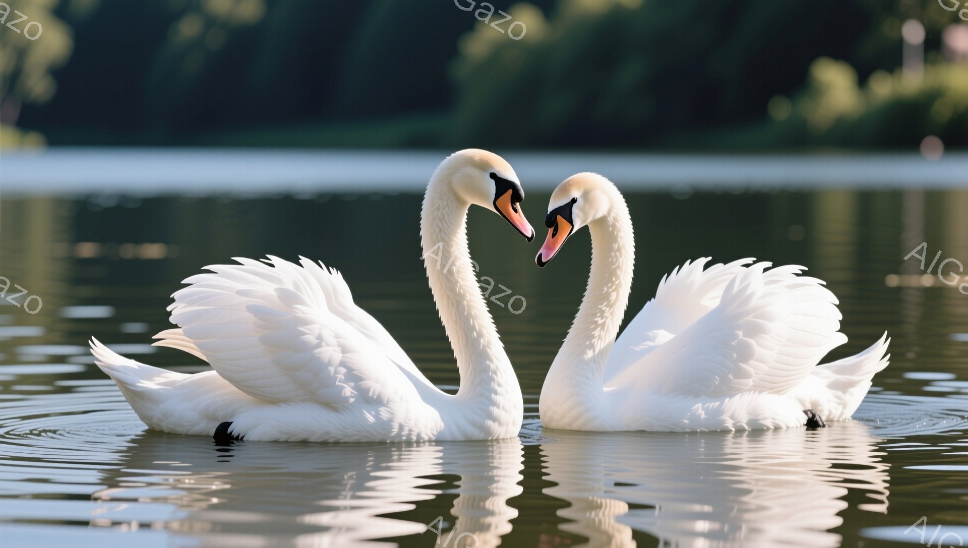白い白鳥が2羽、水面上でハートの形を作って寄り添い合っている。穏やかな水面に反射した姿が美しい。背景は緑豊かな風景で、静かでロマンチックな雰囲気が漂う。