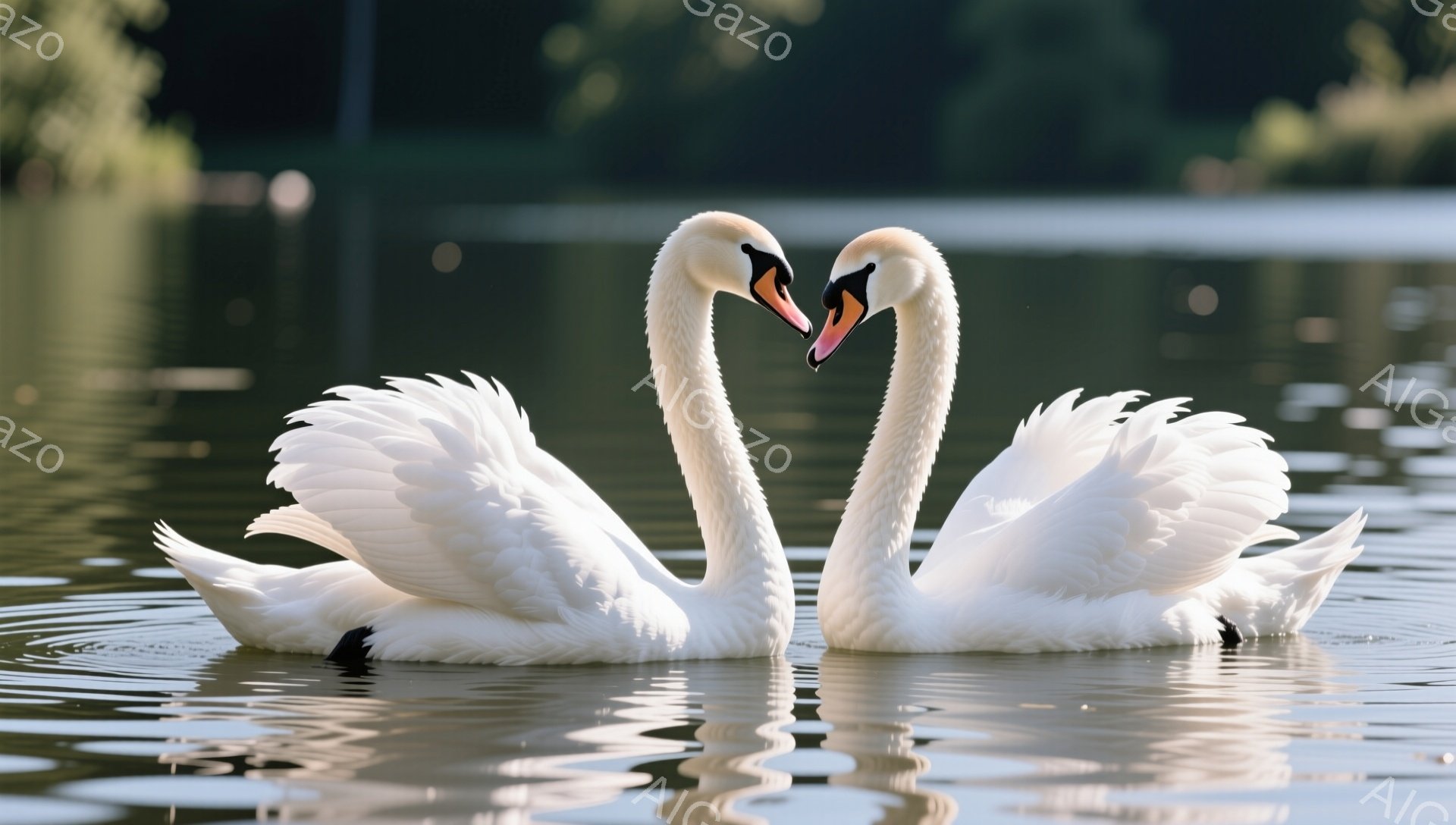 白い白鳥が2羽、水面でハートのような形を作って寄り添っています。水面には光が反射し、穏やかで平和な雰囲気を醸し出しています。背景は緑豊かな自然で、静かで穏やかな一日が感じられます。