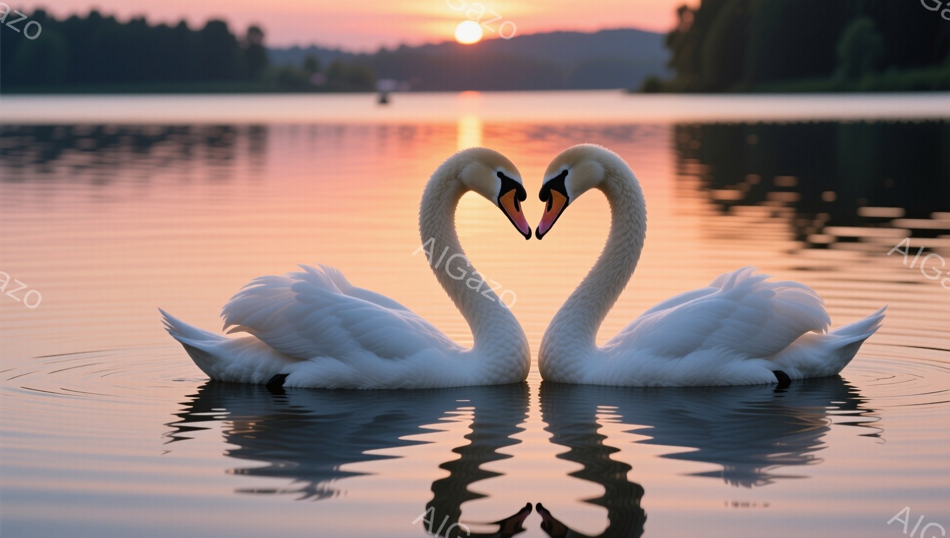白鳥が寄り添い、ハート型の美しいシルエットを作っています。夕焼け空と水面に映るその姿は穏やかでロマンチックな雰囲気を醸し出しています。水面には波紋が広がり、静寂の中に優雅さが漂っています。