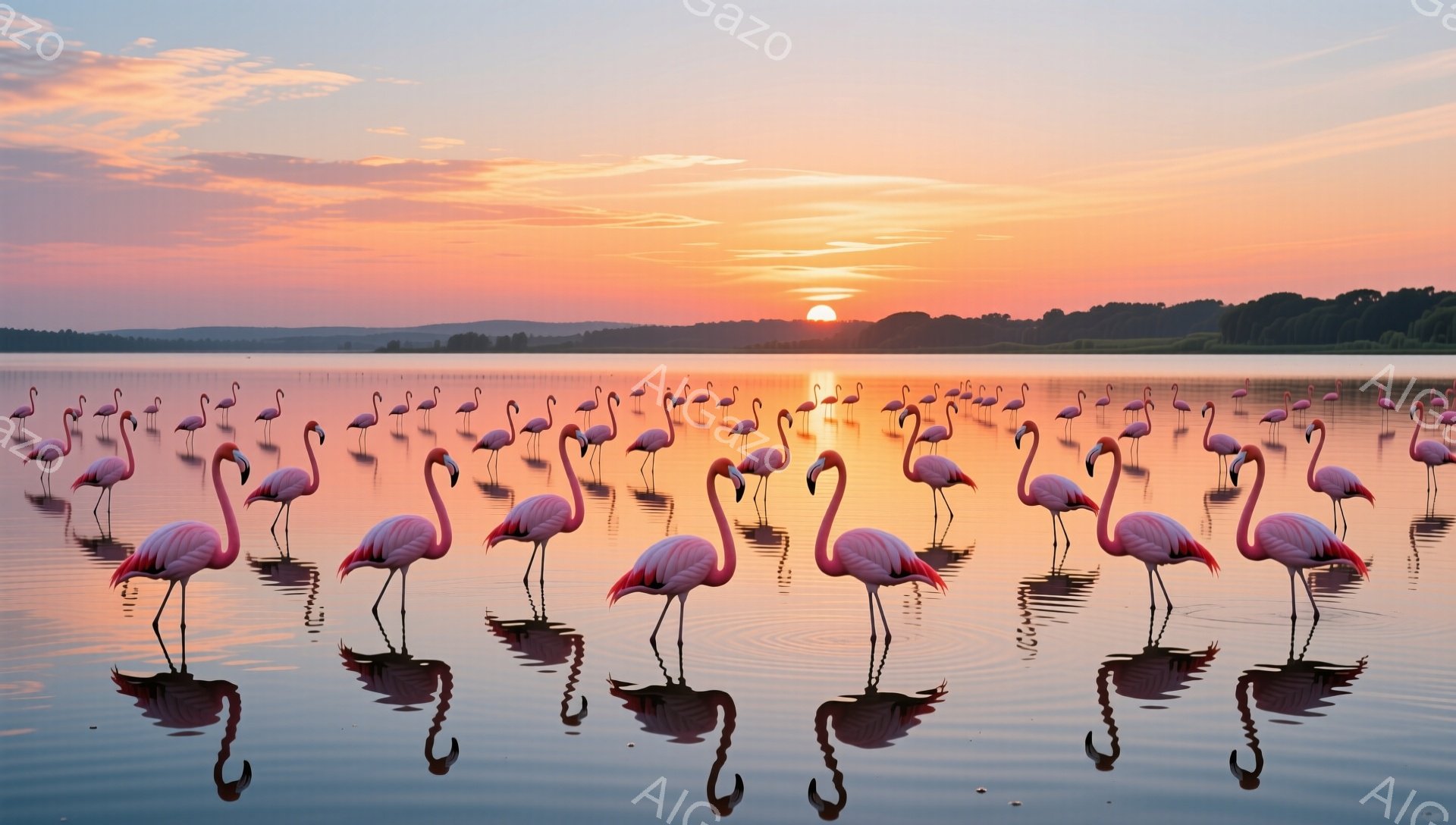 広大な水面に、ピンク色のフラミンゴが整然と並んでいます。背景には、地平線に沈む夕日と緑の木々が見え、穏やかで美しい雰囲気が漂っています。水面に映るフラミンゴのシルエットもまた、幻想的な光景を作り出しています。