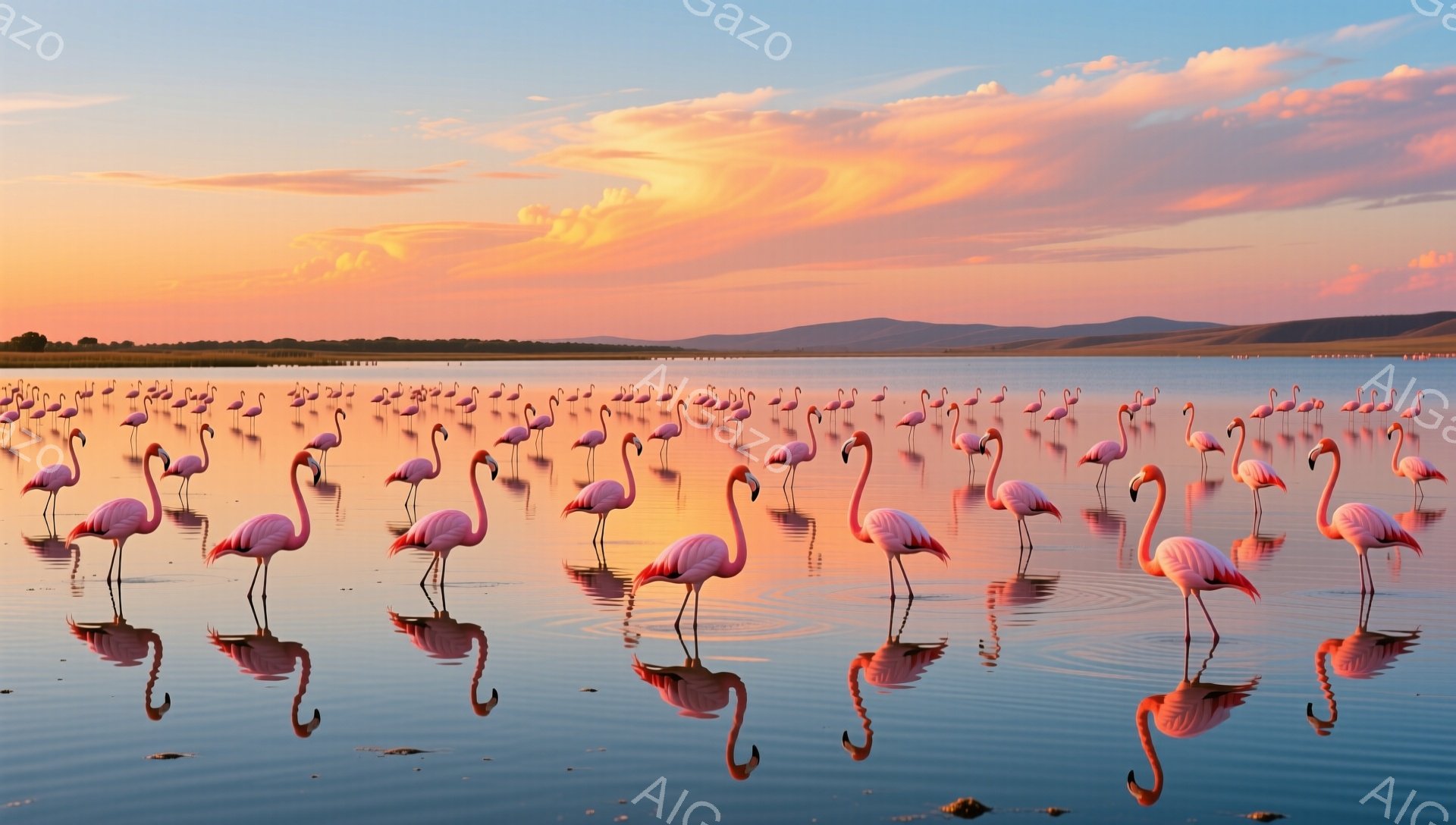 夕焼けに染まる水面に、たくさんのフラミンゴが静かに立っている。水面に映るピンク色の影が、幻想的な雰囲気を醸し出している。遠くには山々が小さく見え、穏やかな時間が流れている様子が伝わってくる。 - AI生成フリー素材