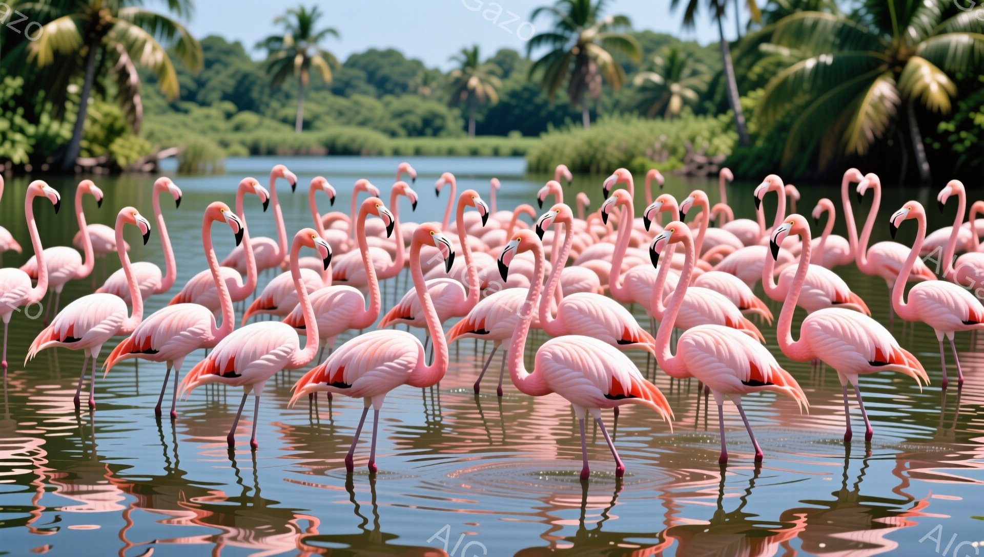明るい日差しの下、たくさんのフラミンゴが水中で静かに立っている。その姿はまるでピンク色の花が咲き乱れているかのようで、周囲の緑豊かな木々とコントラストをなしている。水面にはフラミンゴの鮮やかなピンク色が映り込み、穏やかで平和な雰囲気を醸し出している。