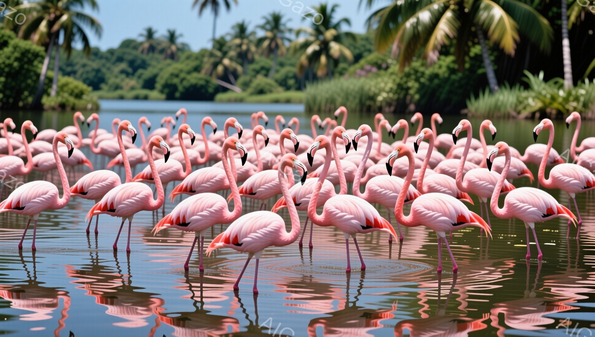 多くのフラミンゴが水中で立っており、水面にピンク色の反射が広がっている。背景には緑豊かな木々と空が広がり、穏やかで平和な雰囲気を醸し出している。太陽の光が水面を照らし、キラキラと輝いている。 - AI生成フリー素材